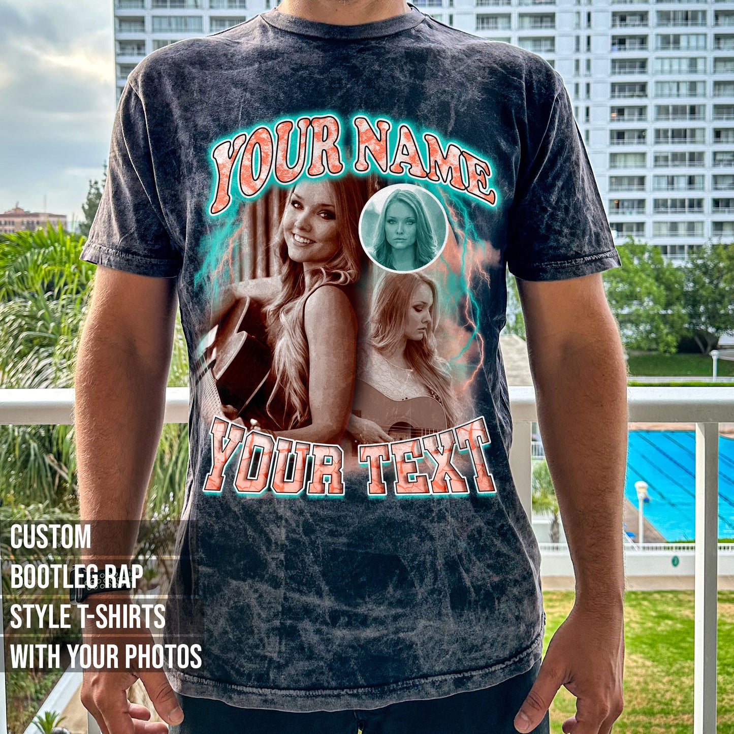 custom vintage bootleg rap band tee with photos and text