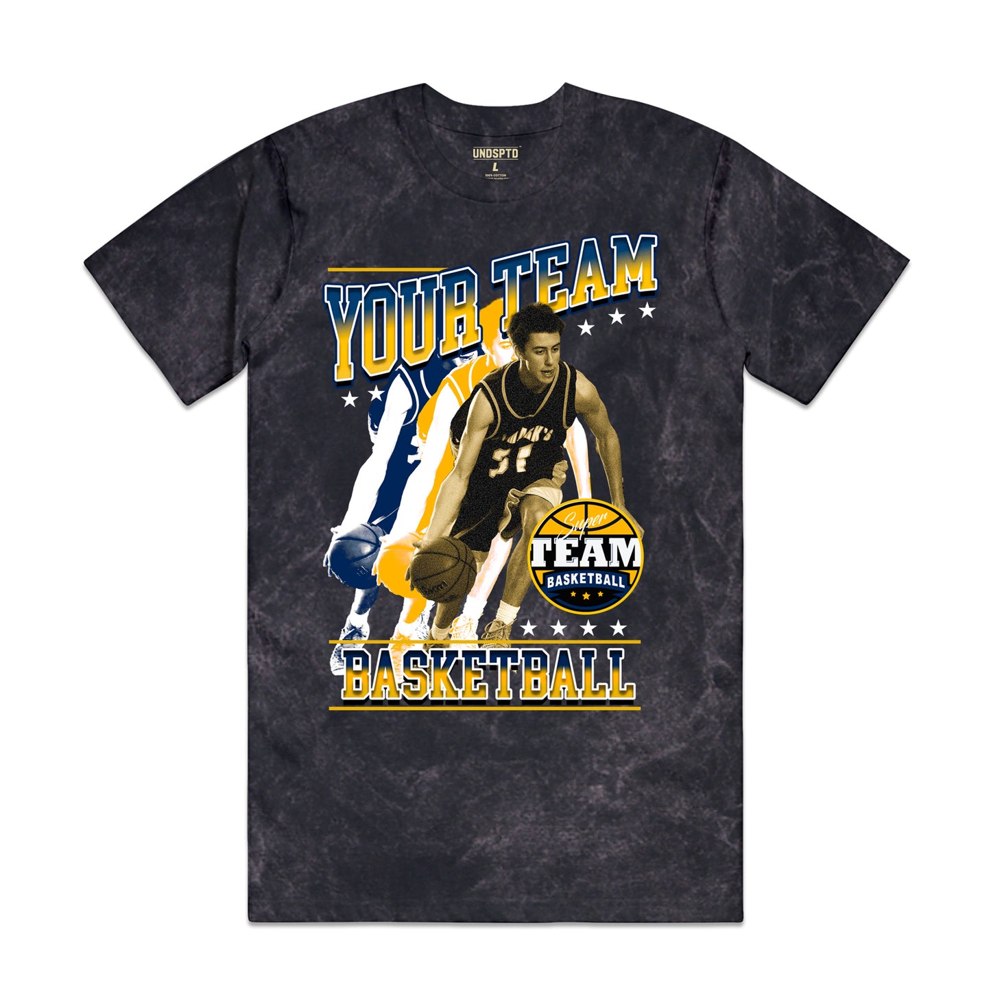 personalized vintage bootleg sports t-shirt customization options such as team name, team logo, player photos and sport