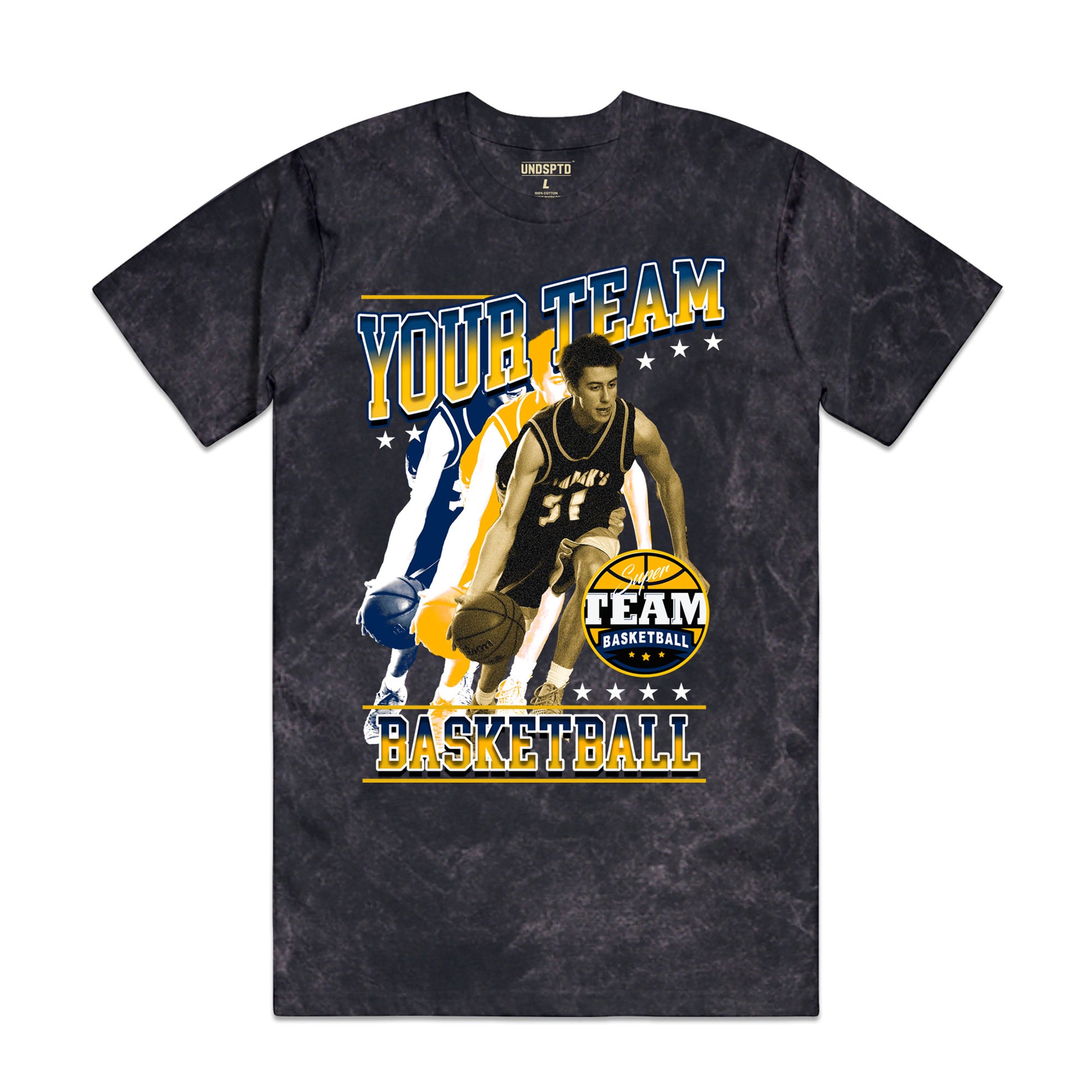 personalized vintage bootleg sports t-shirt customization options such as team name, team logo, player photos and sport