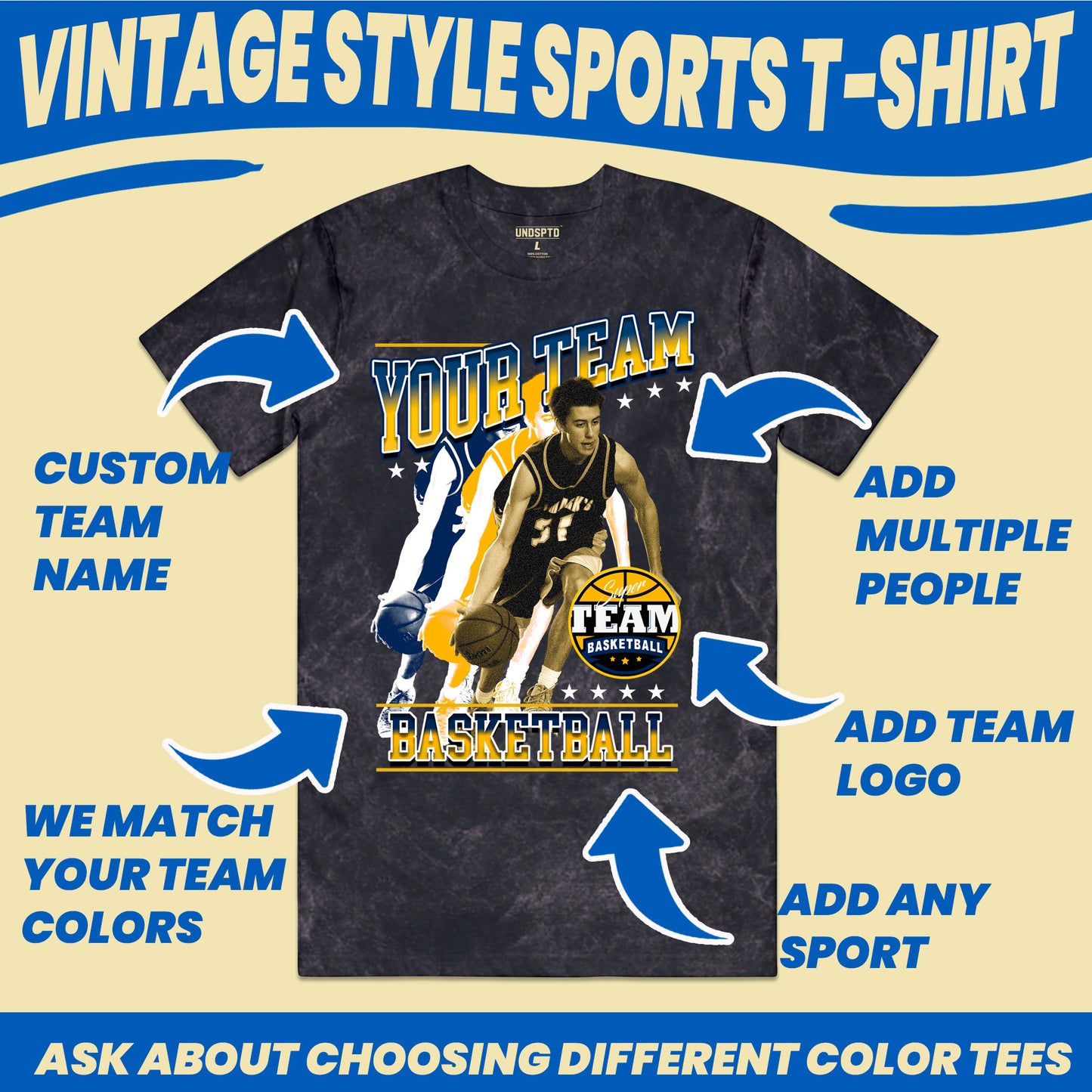 personalized vintage bootleg sports t-shirt customization options such as team name, team logo, player photos and sport