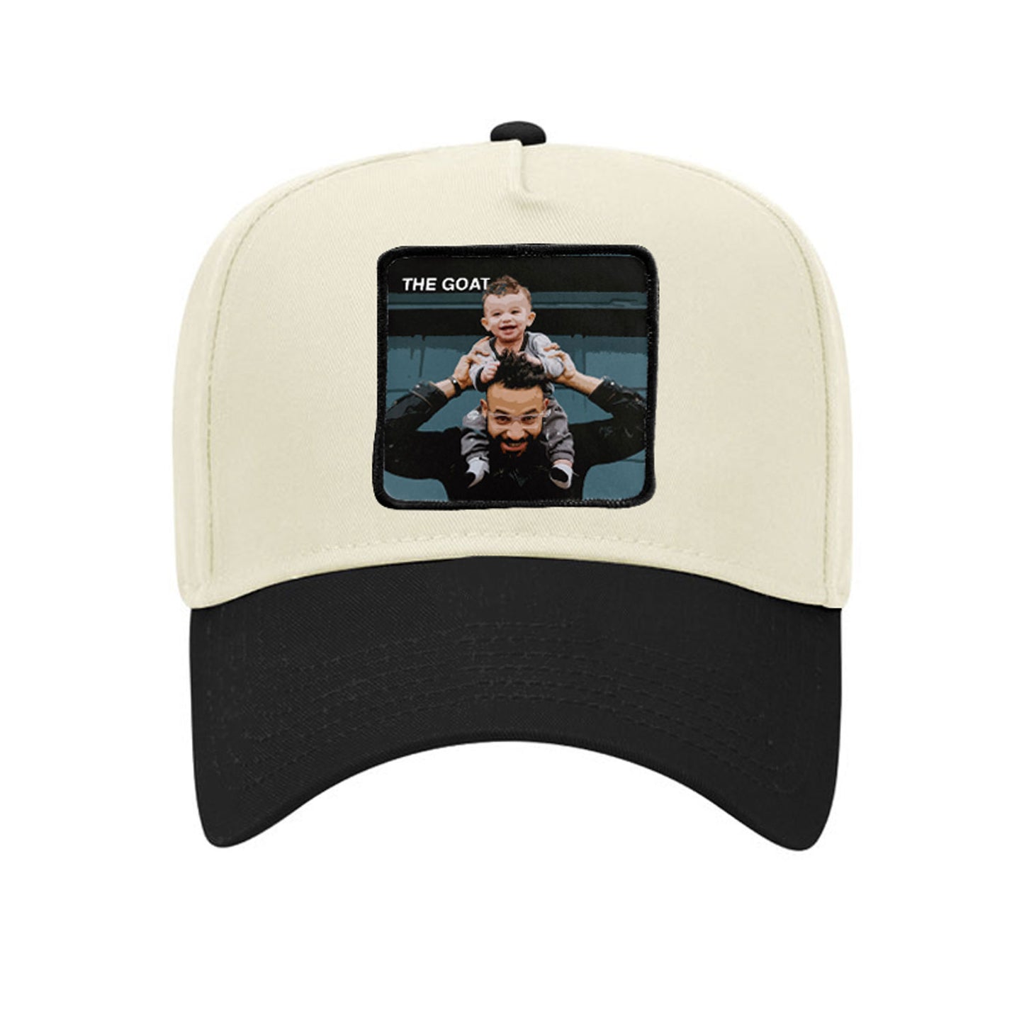 personalized hat with custom patch design in cream and black