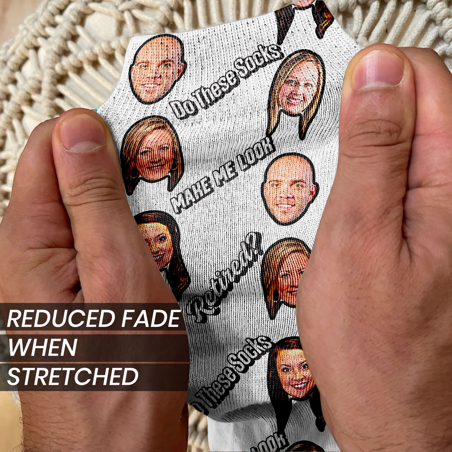 Retirement gift for coworker personalized socks with faces stretched socks to show print vibrancy and quality