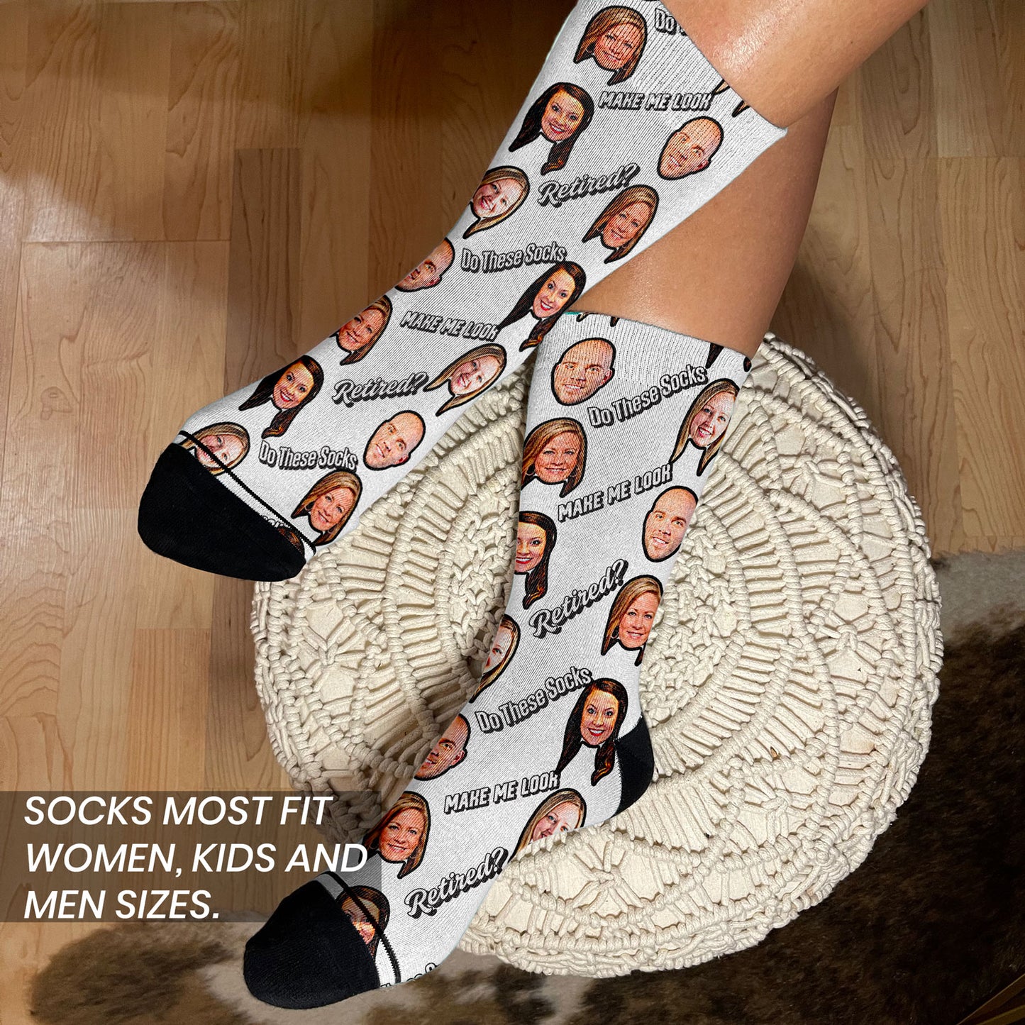Retirement gift for coworker personalized socks with faces on woman's feet. The socks fit kids as well.
