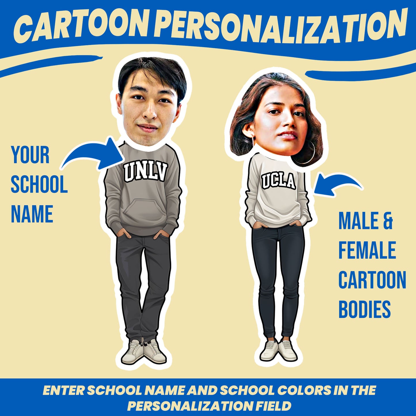 personalized going away to college gift cartoon college student can be customized wearing a sweatshirt with school's name