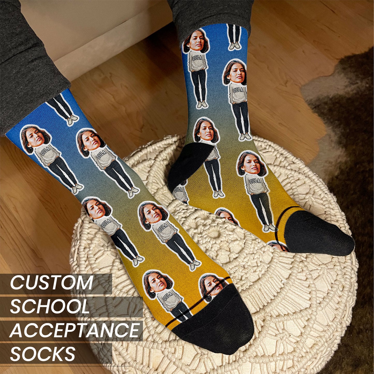 personalized going away to college gift socks with faces on man's foot