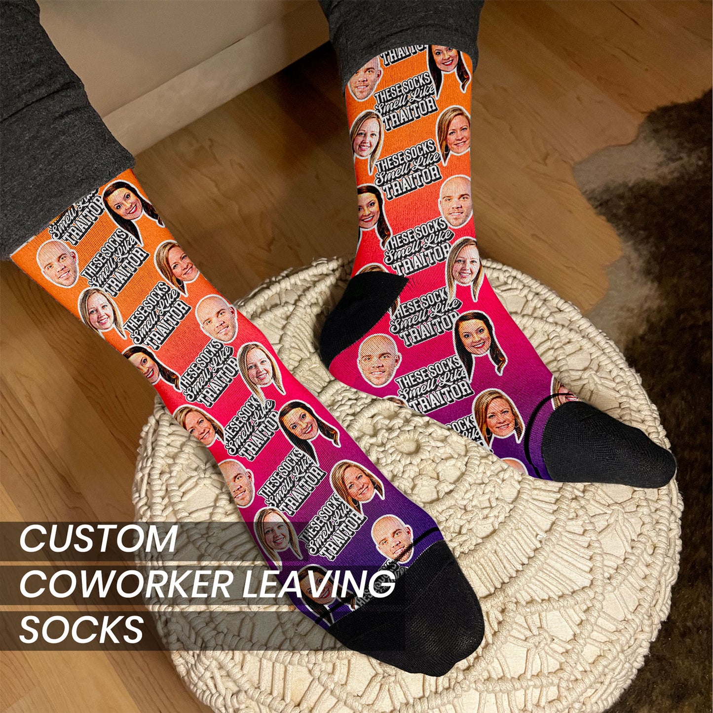 coworker leaving gift personalized socks with faces on man's feet