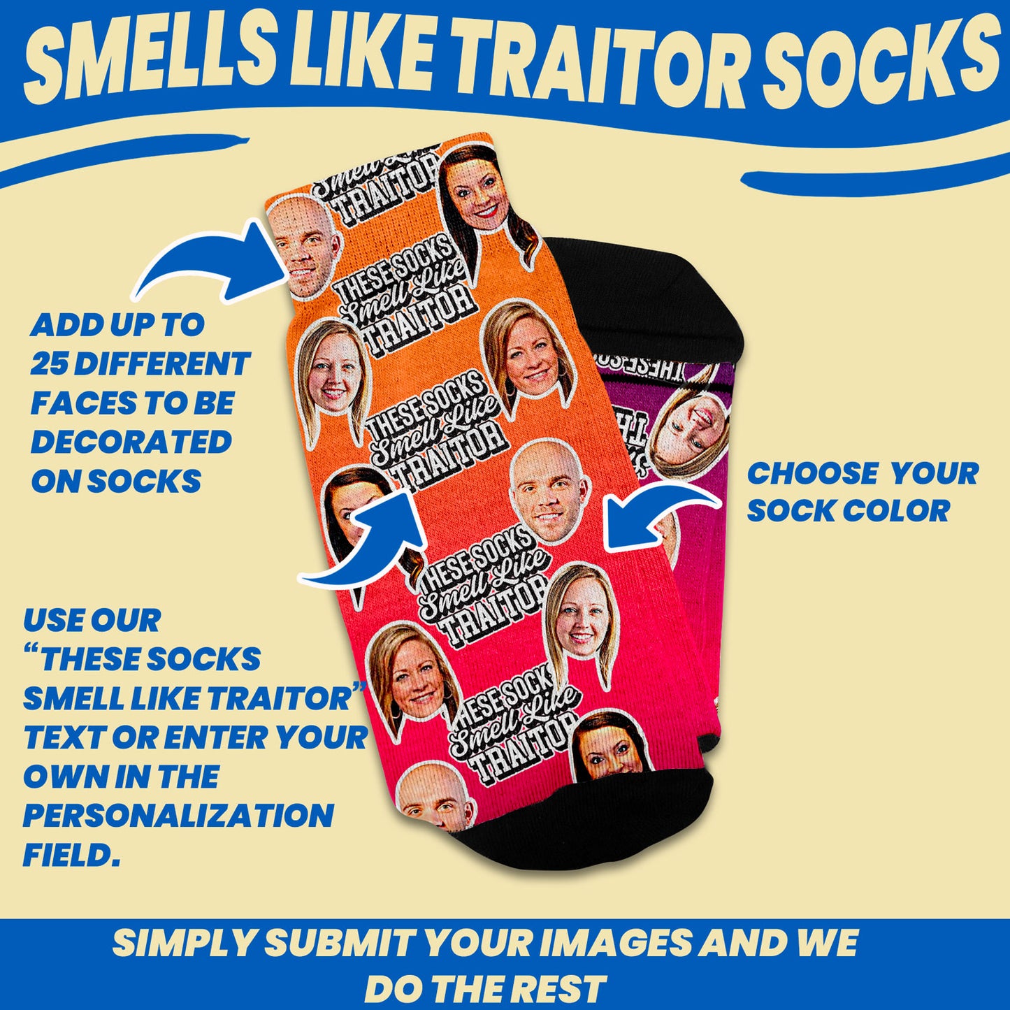 coworker leaving gift personalized socks with faces customization options such as 25 faces, custom text and sock color