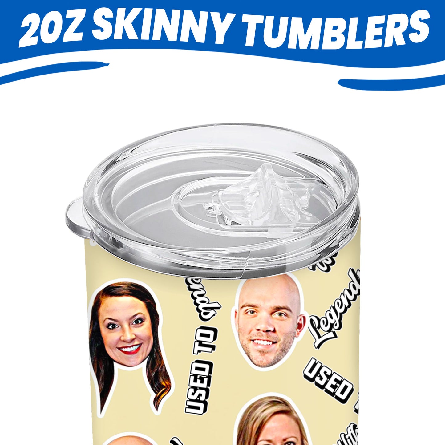 personalized gift for coworker leaving with multiple faces on tumbler close-up of the lid