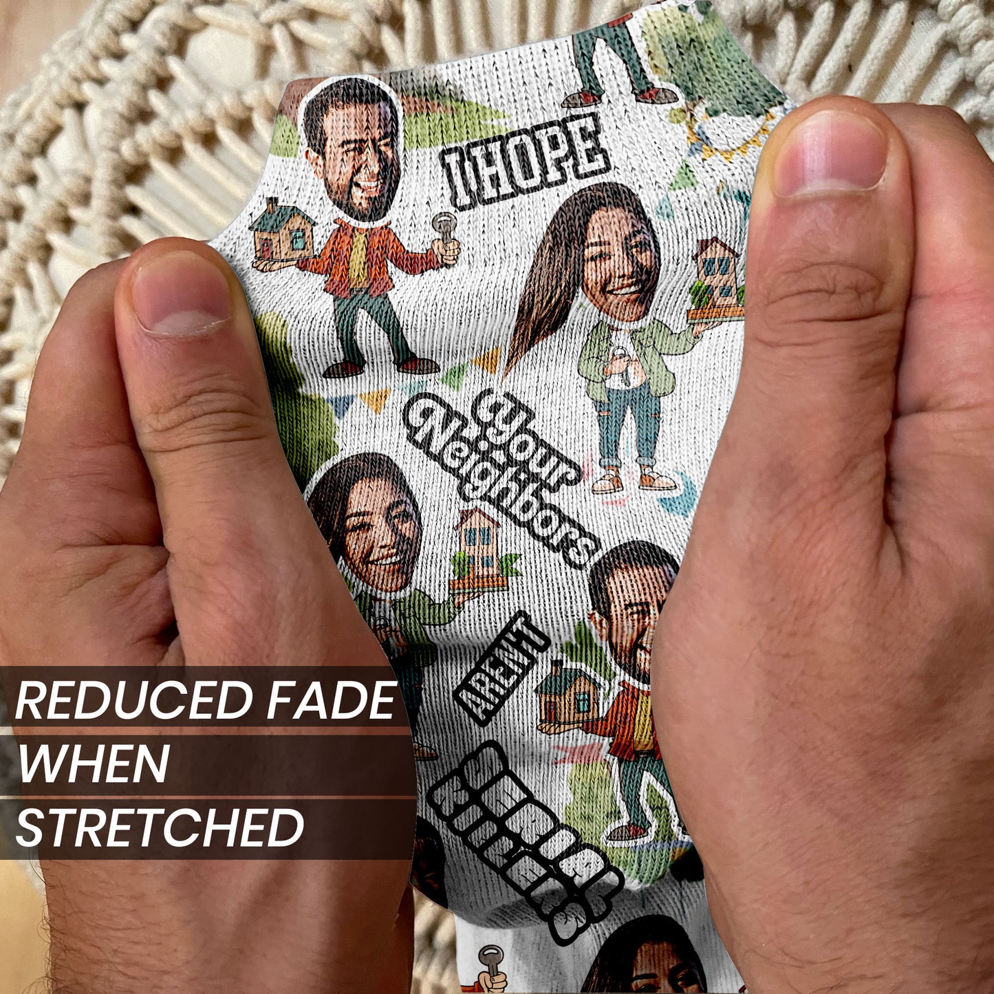 gift for new homeowners socks with faces and text stretched to show ink vibrancy