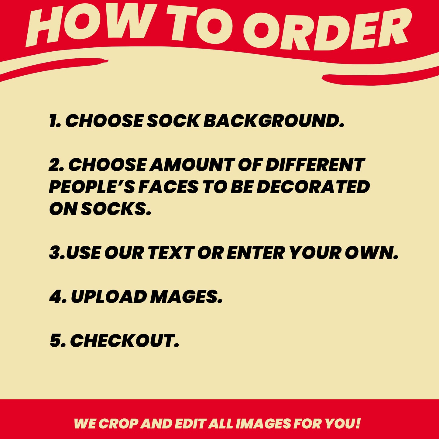gift for new homeowners socks with faces and text instructions on easy ordering. Choose background, choose amount of faces, upload images and done