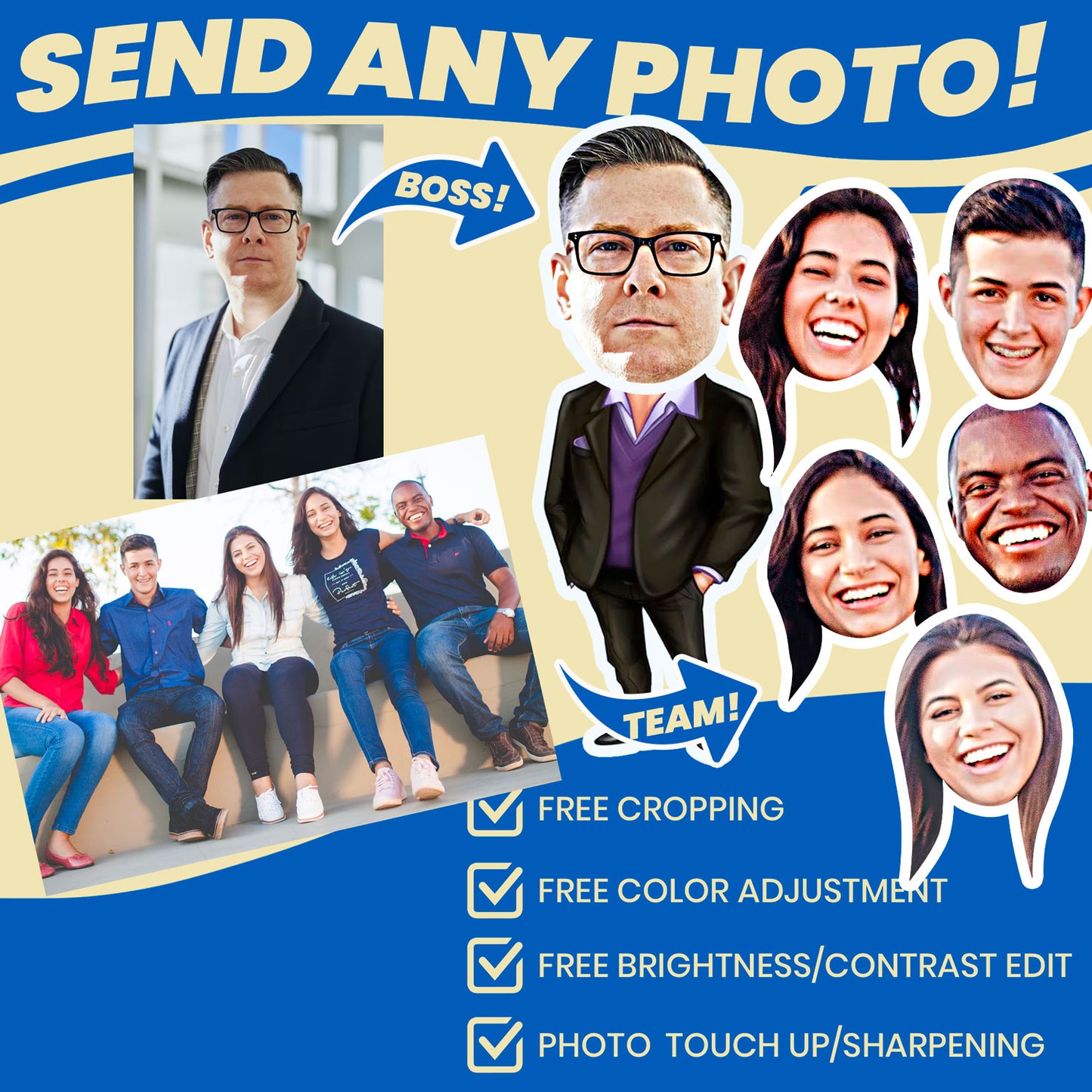 Personalized boss gift tumblers with faces image cropping is free by our team and complimentary proofs are provided upon request
