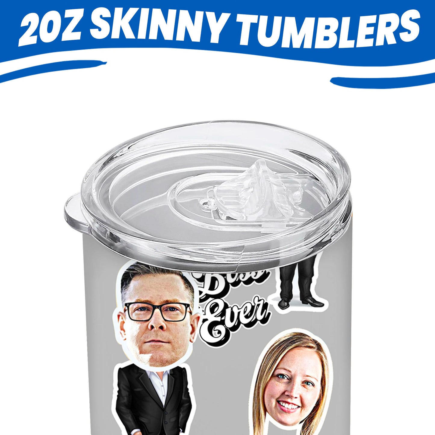 Personalized boss gift tumblers with faces close-up to show the plastic tumbler cap which opens and closes by sliding it.