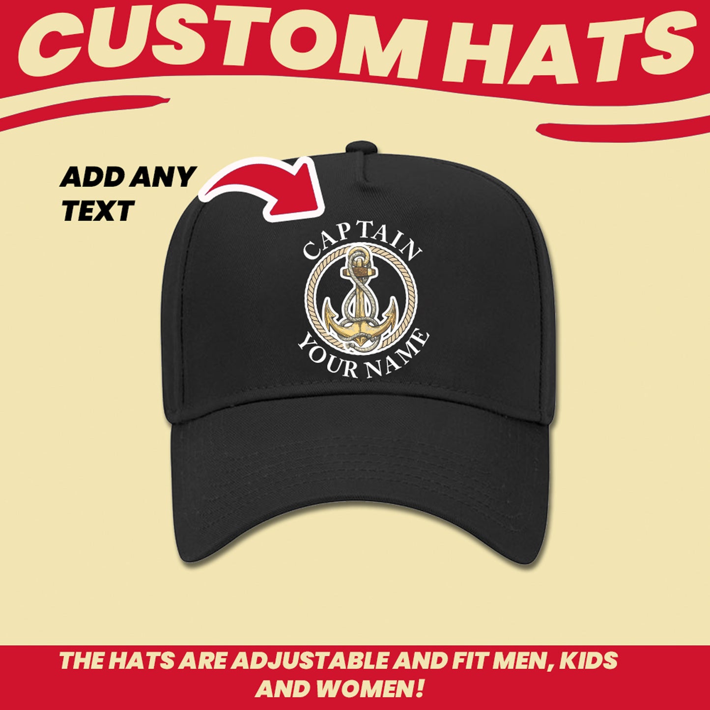 gift for boater hat custom your text personalization on top and bottom of an anchor logo