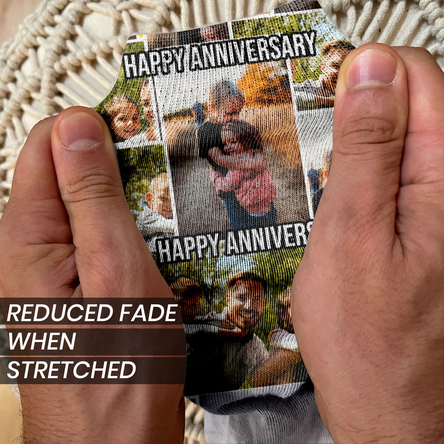 personalized photo collage gift socks with text stretched to show print quality and vibrancy