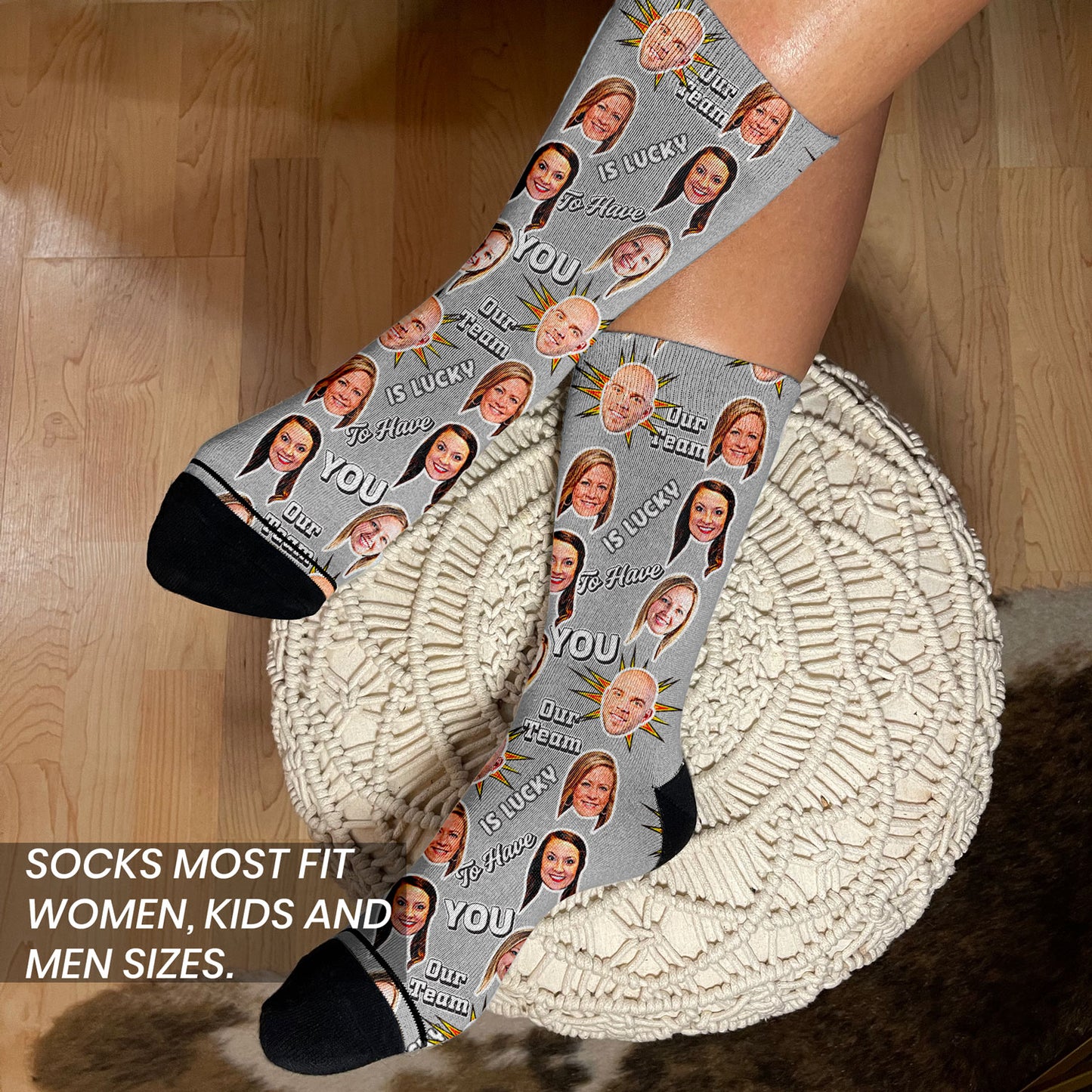 welcome to the team personalized gift socks with faces on woman's feet