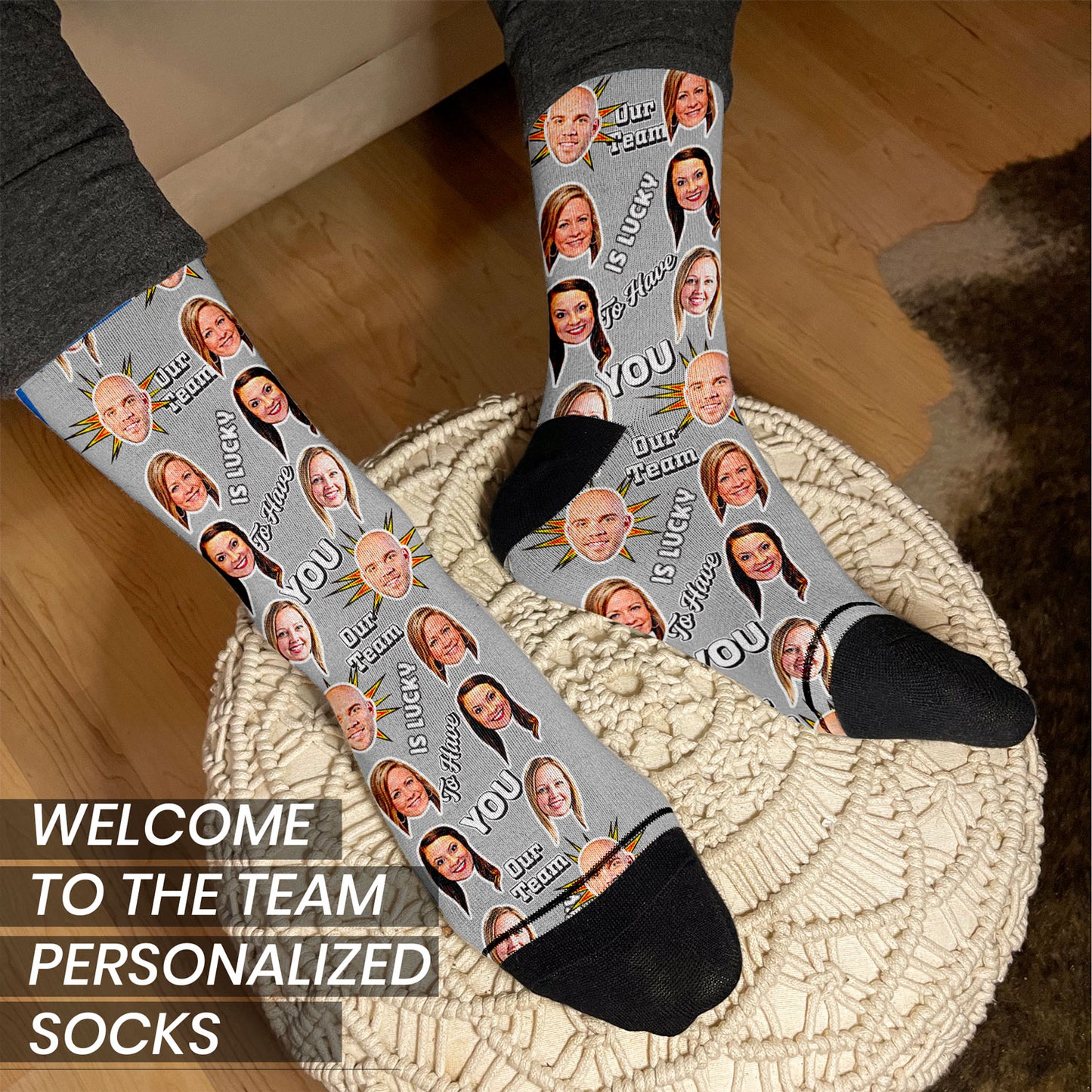 welcome to the team personalized gift socks with faces on man's feet