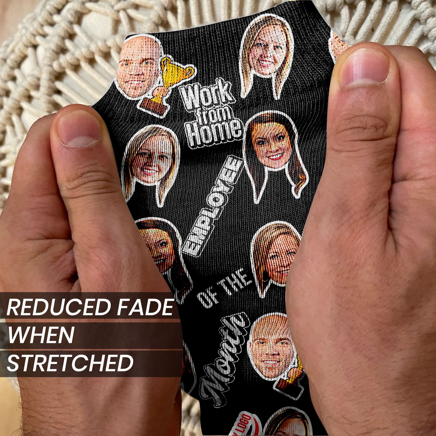 work from home employee of the month coworker gift socks with faces stretched to show ink vibrancy