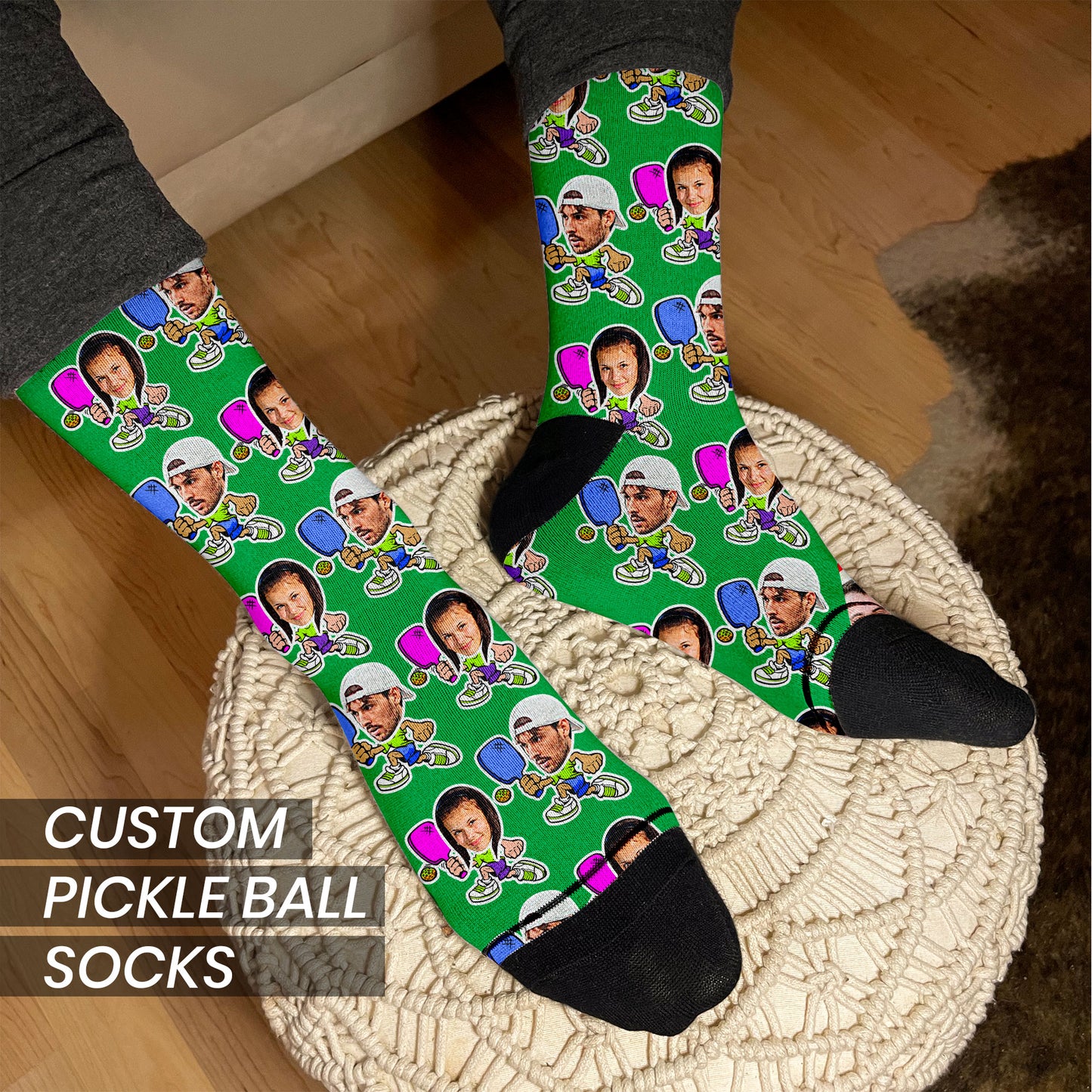 pickleball socks in green on a mans feet featuring a male and female photo on cartoon bodies