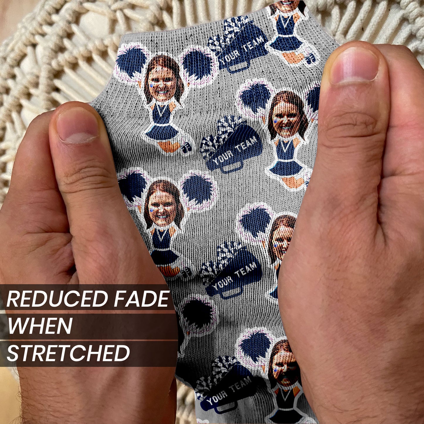 Personalized cheerleader gift socks with faces stretched to show quality