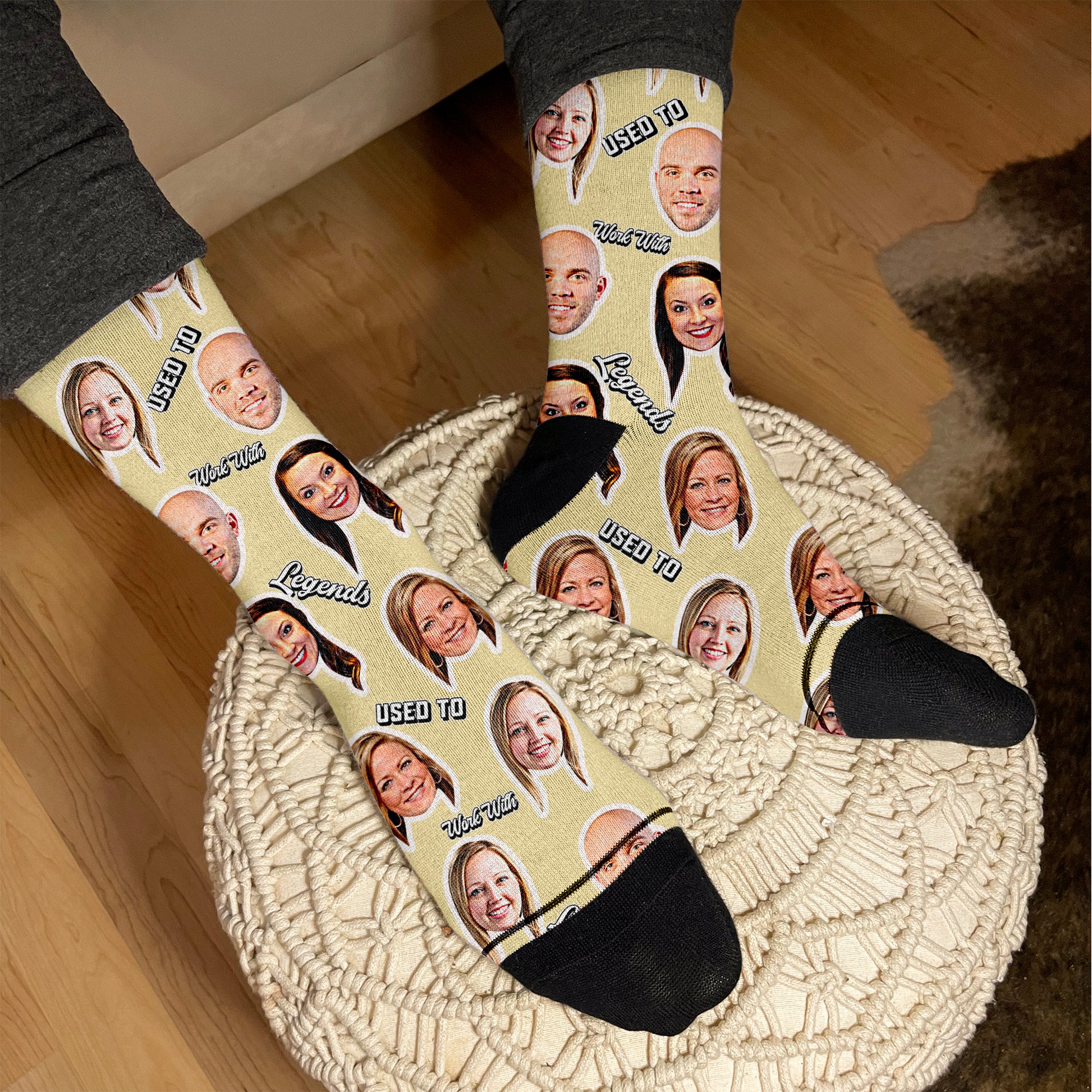 personalized socks for coworker leaving with faces on beige