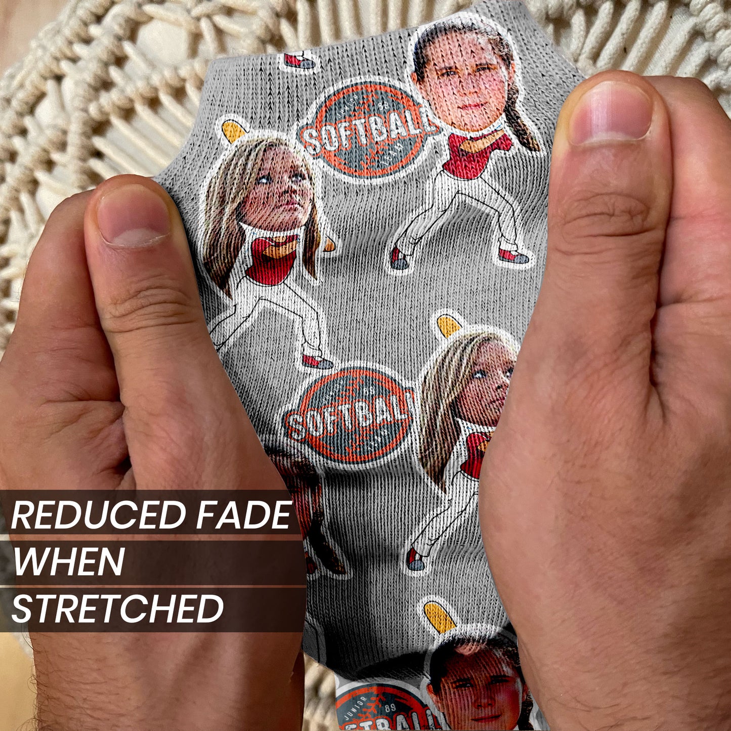 personalized softball socks with real photos on cartoon bodies stretch to show how image holds