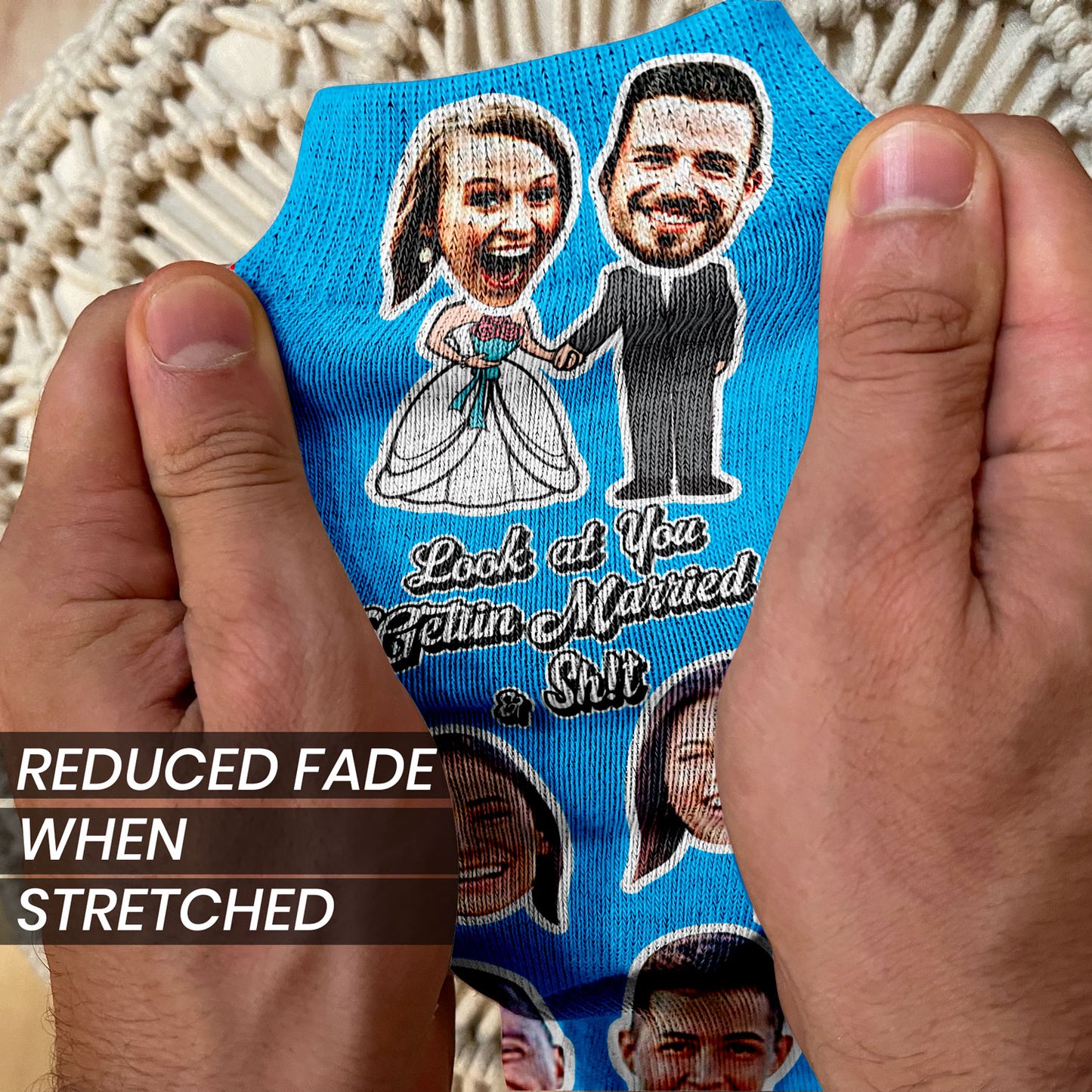 unique wedding gift for couples personalized socks with faces stretched to show quality