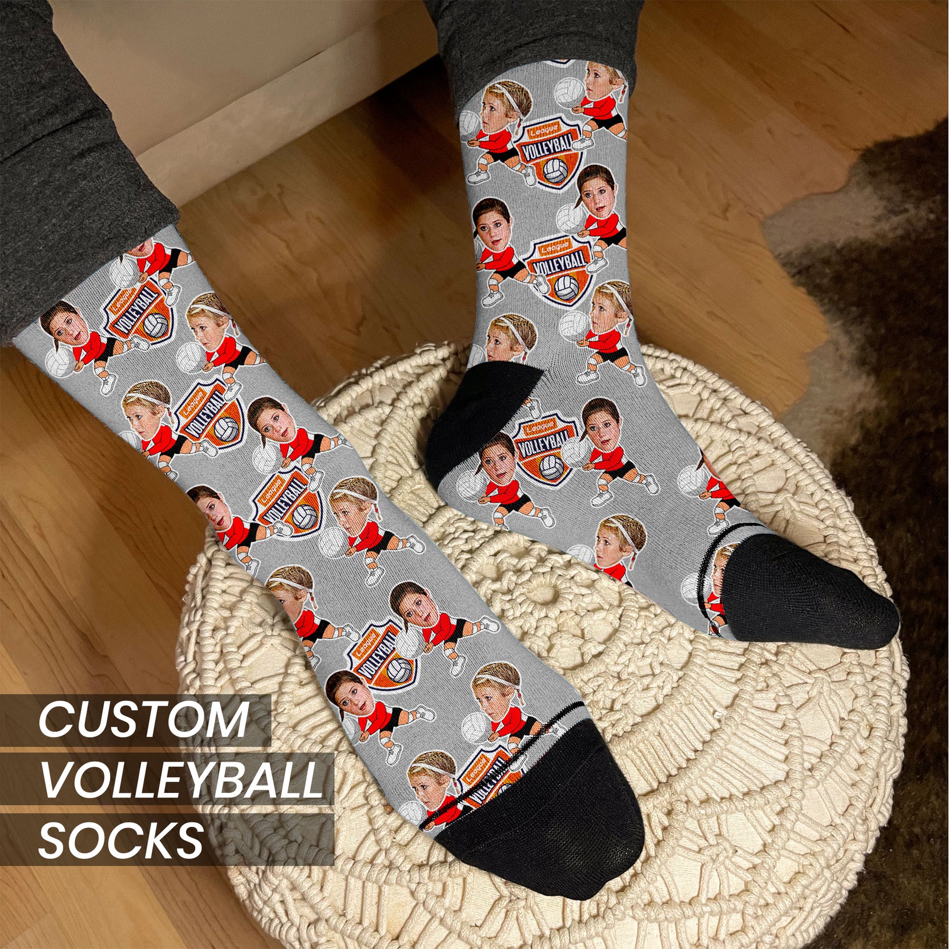 personalized volleyball socks with players faces and cartoon bodies on grey socks