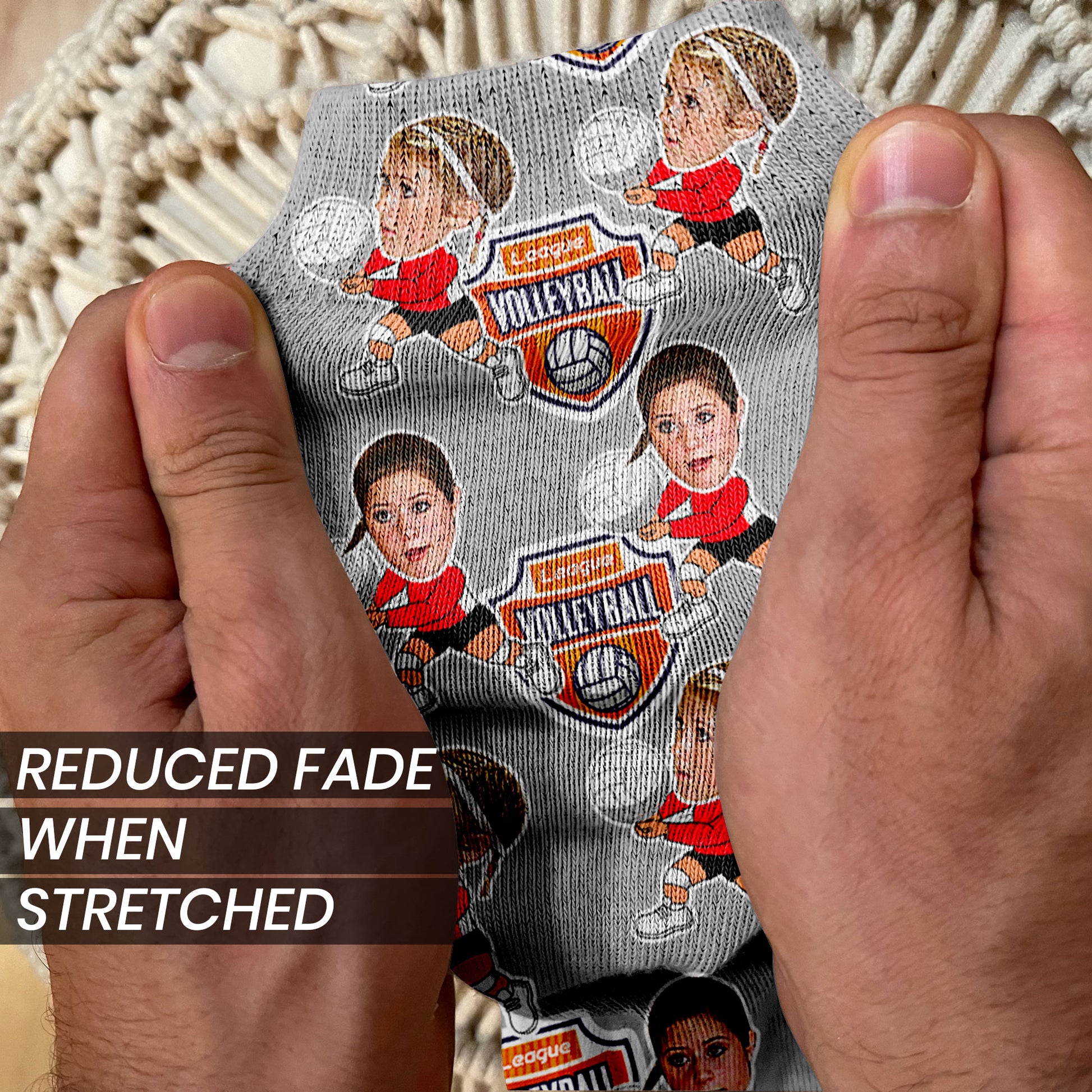 personalized volleyball socks with players faces and cartoon bodies stretched
