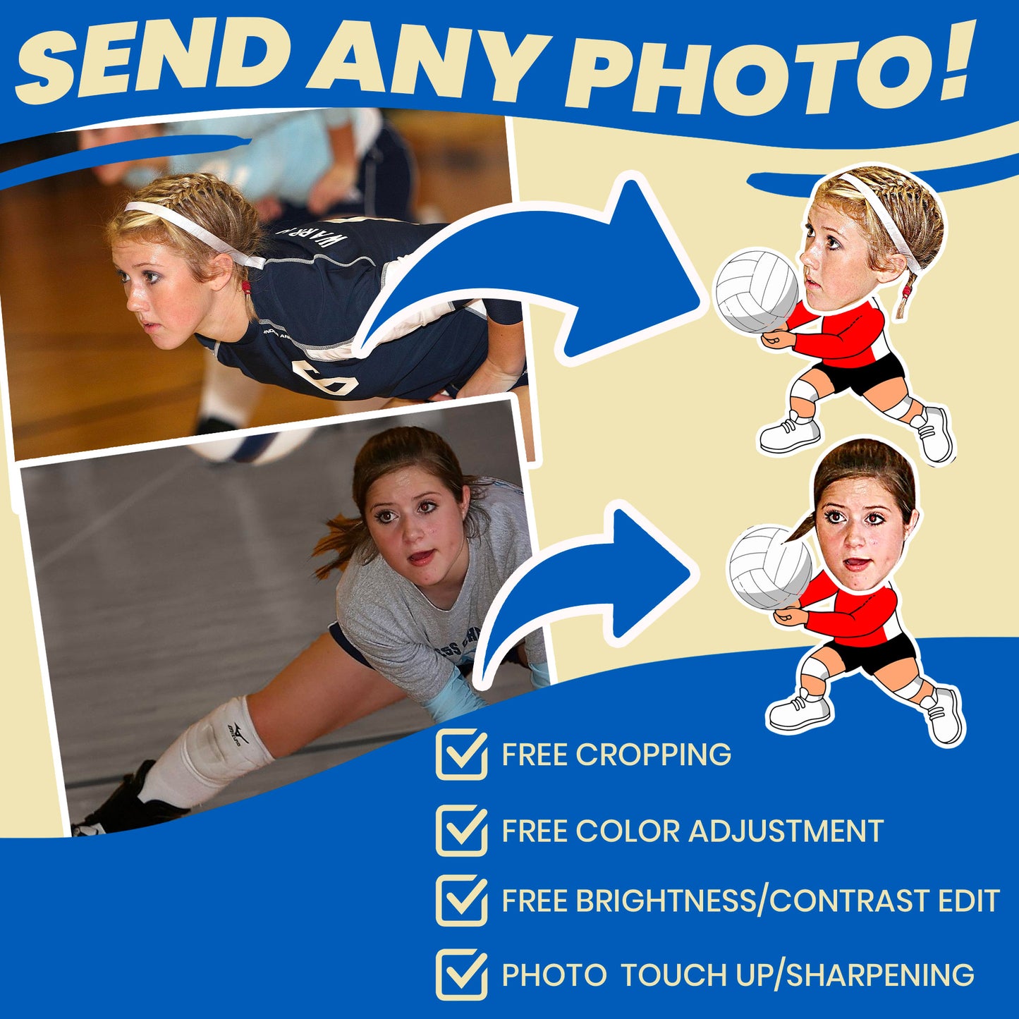 personalized volleyball socks with players faces and cartoon bodies showing cropping of faces from photos