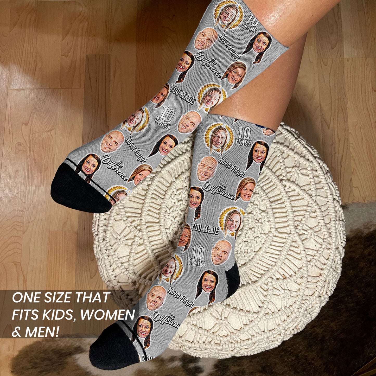 employee anniversary personalized socks with coworkers faces on women's feet