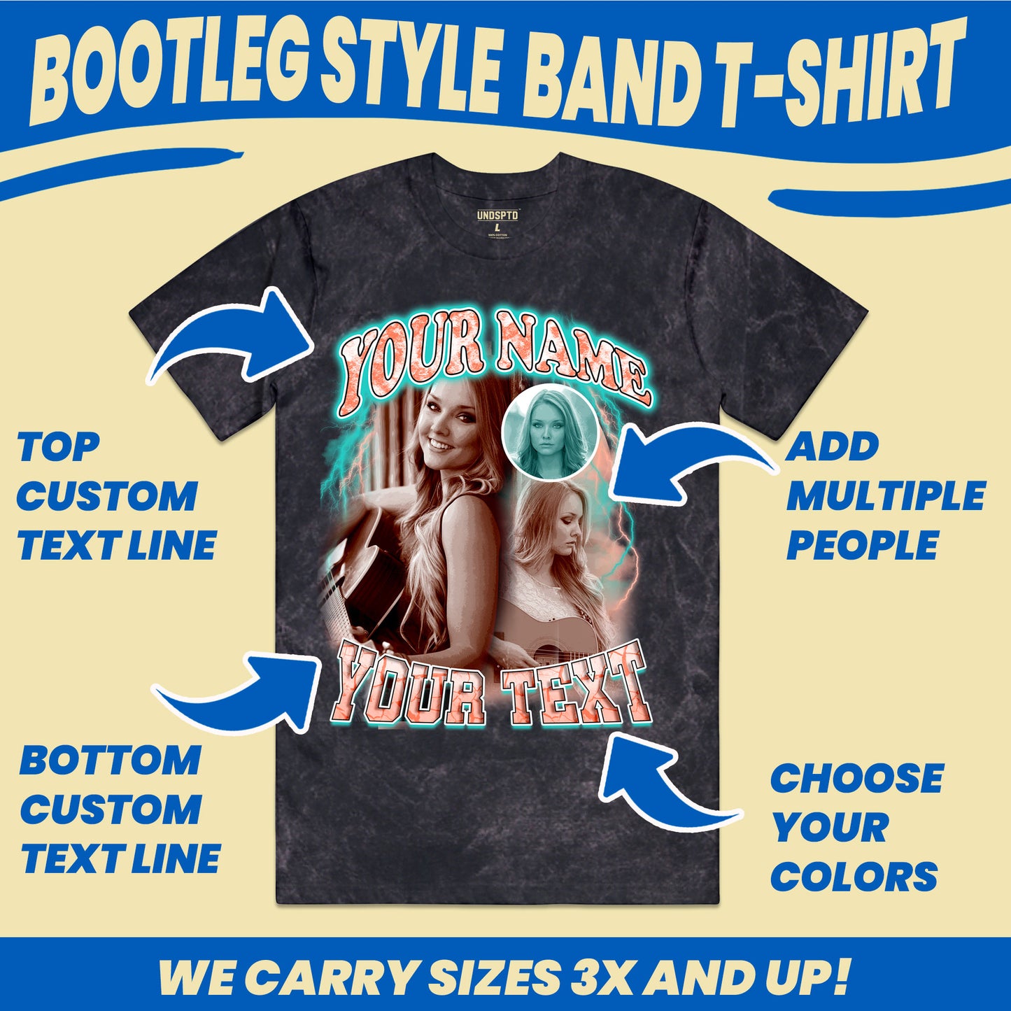 custom vintage bootleg rap band tee with photos and text customization features such as design color, multiple photos to add and custom text