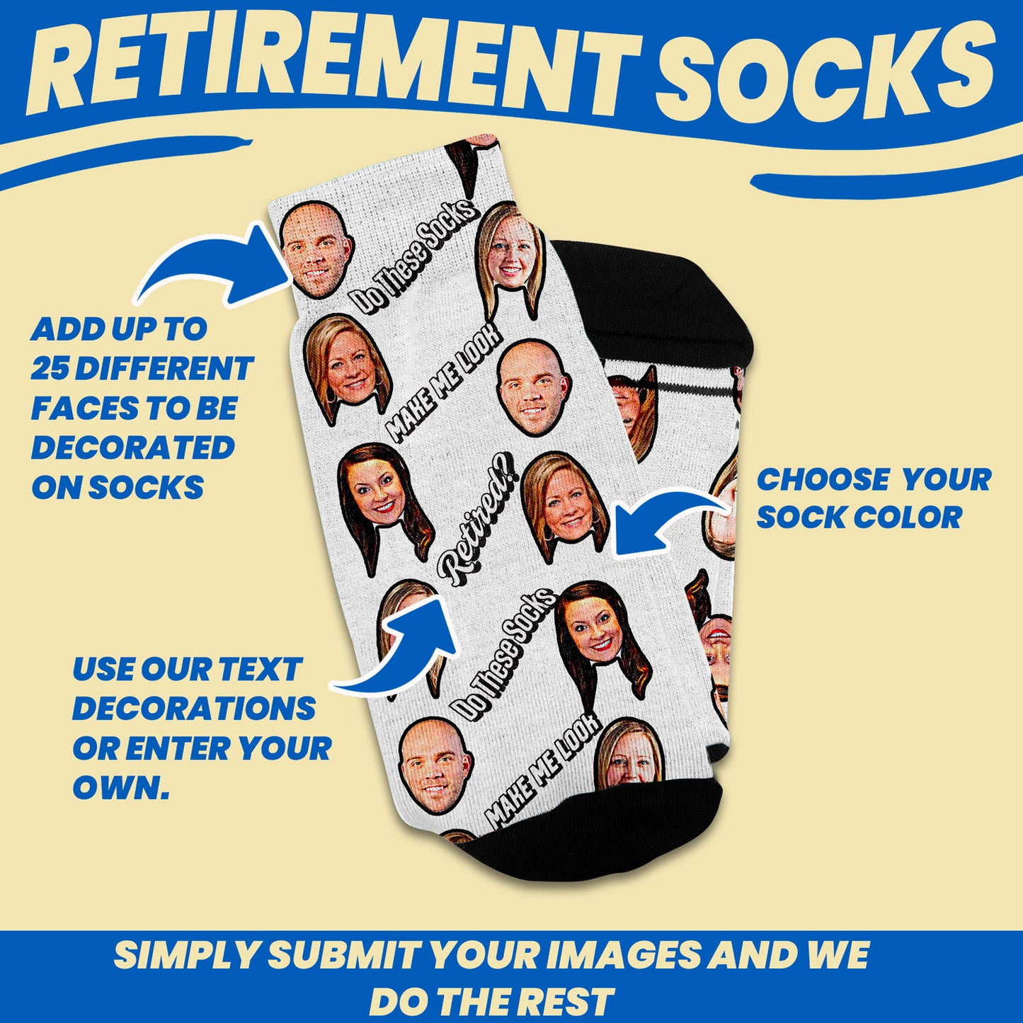 Retirement gift for coworker personalized socks with faces customization features such as 25 faces, custom text and custom sock color