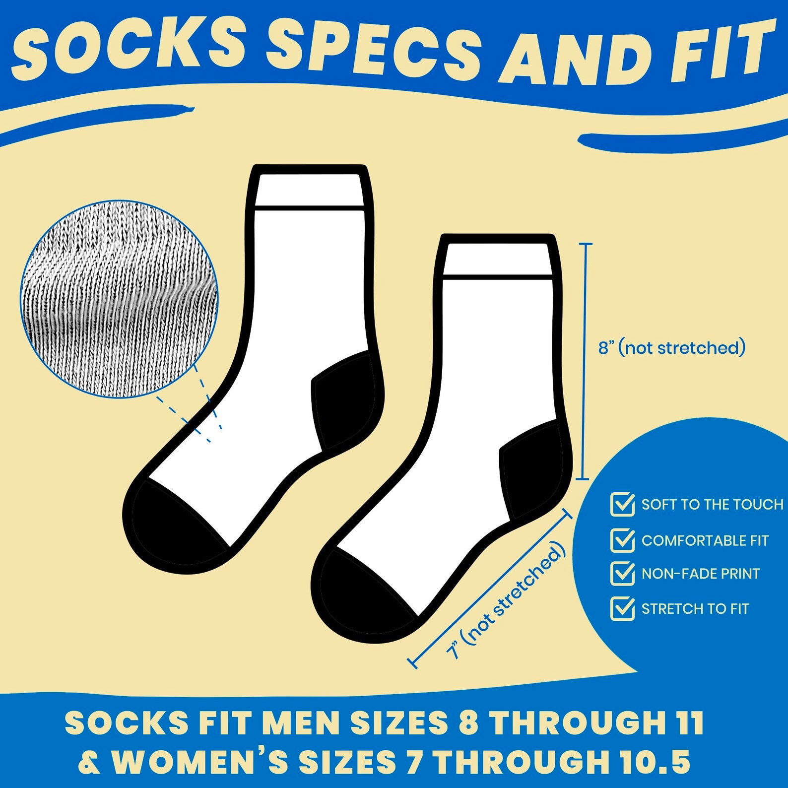 Retirement gift for coworker personalized socks with faces socks specs and fit. Socks fit sizes 7-12 in men, most women and kids sizes.