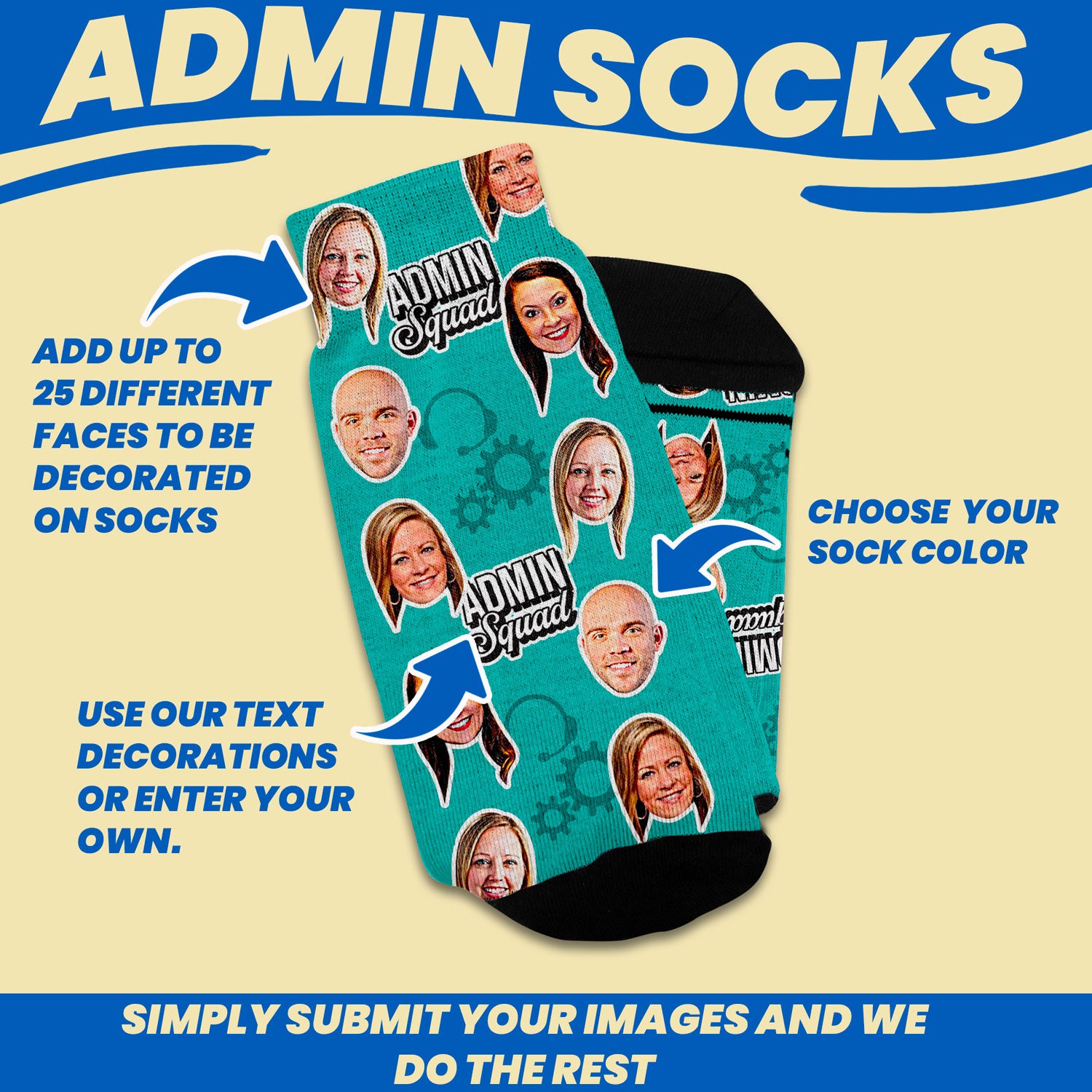 admin assistant gifts personalized socks with faces customization features such as 25 different faces to go on socks, text personalization and custom sock color