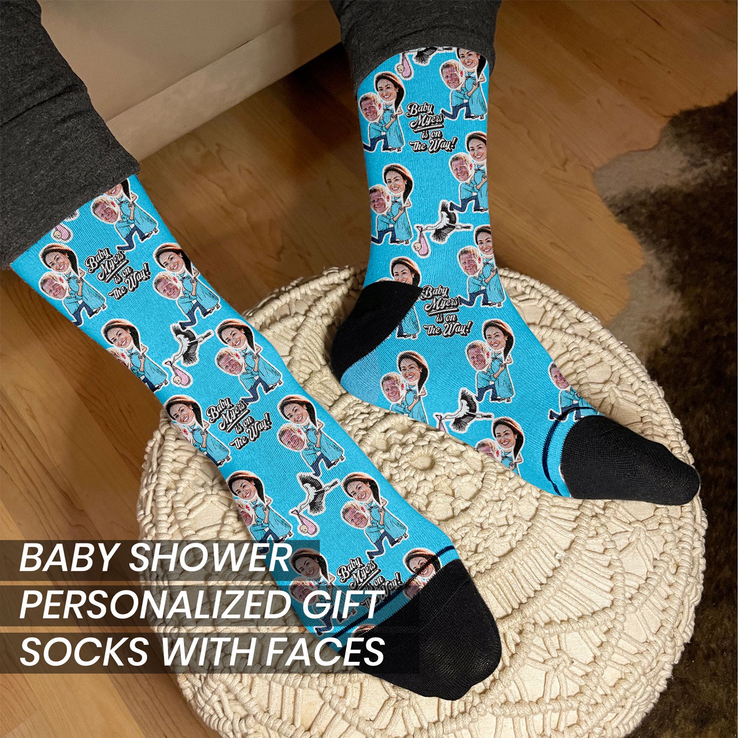 baby shower gifts personalized socks with faces of new parents on cartoon bodies
