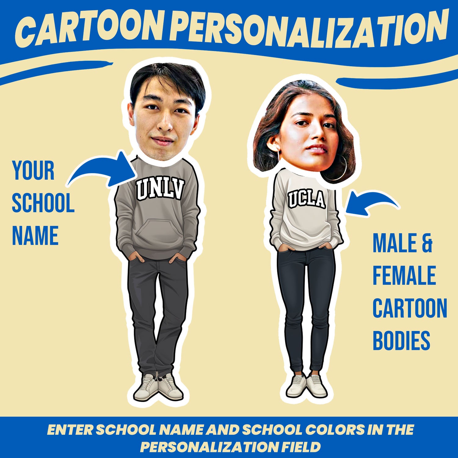personalized going away to college gift cartoon college student can be customized wearing a sweatshirt with school&#39;s name