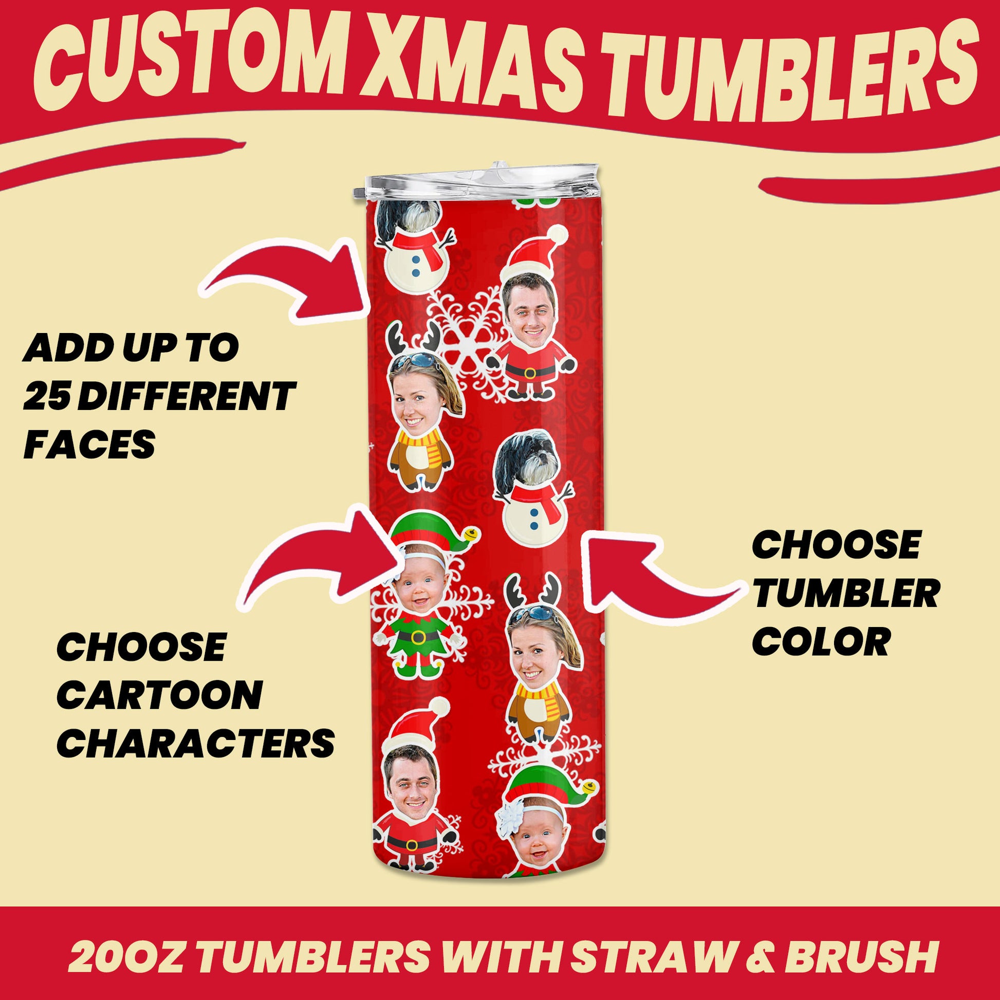 custom christmas holiday gift tumbler personalization options like multiple faces, background and cartoon characters