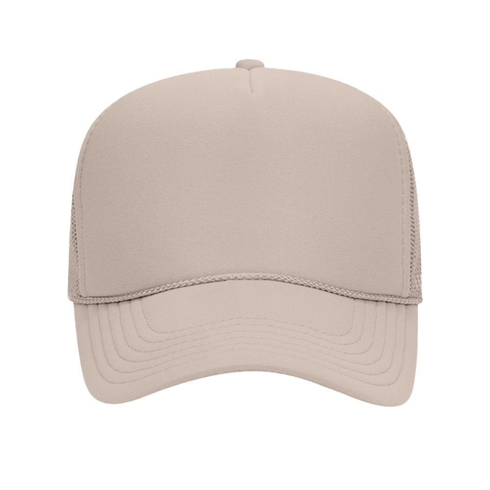 custom trucker hats with your design, logo, text with no minimum, ships next day in cream color