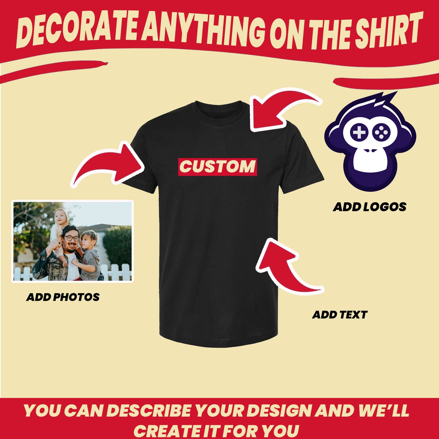Custom black t-shirts with any design. Photos, logos, designs, text