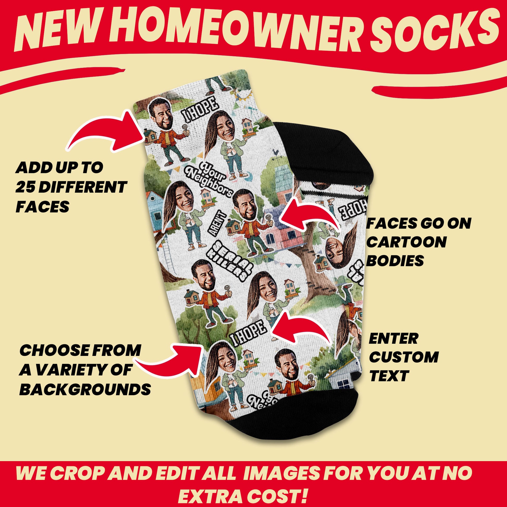 gift for new homeowners socks with faces and text custom faces, text and background