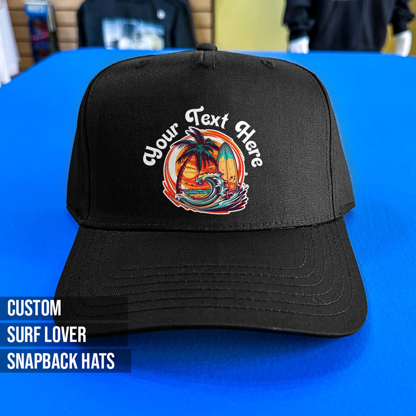 gift for surfer hat with text and logo personalized no minimum ship next day