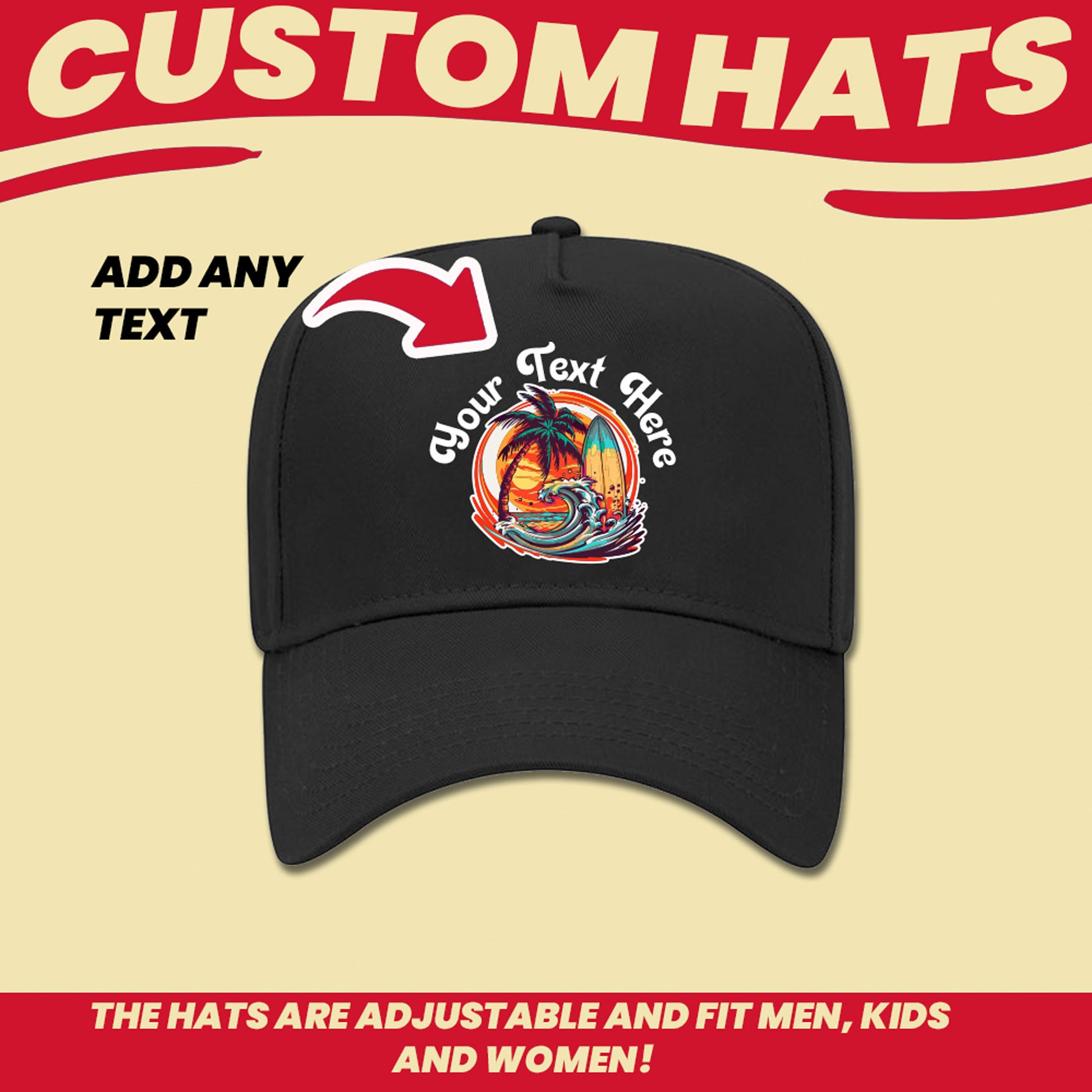 gift for surfer hat with text and logo personalized with your text and own logo