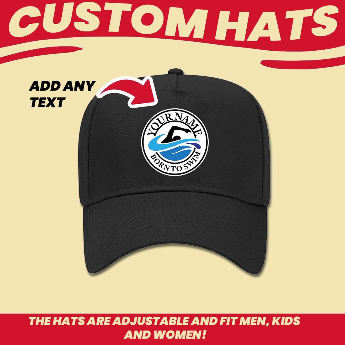 gift for swimmers black  hat personalized with your text. Customize top text line and bottom text line with swimming logo in middle