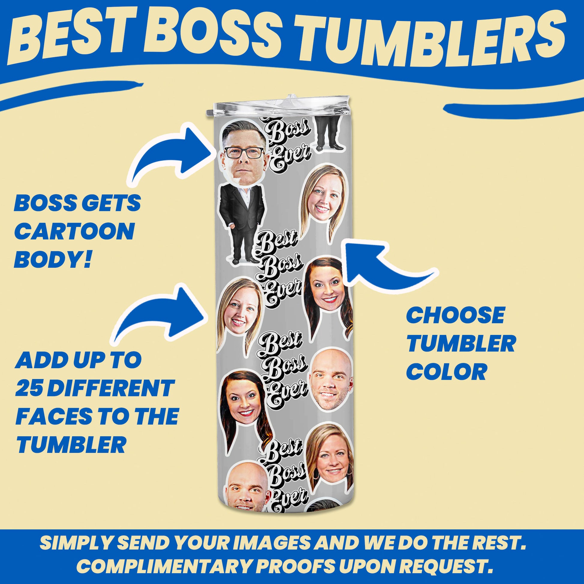 Personalized boss gift tumblers with faces customization options such as 25 different faces, tumbler colors & text personalization