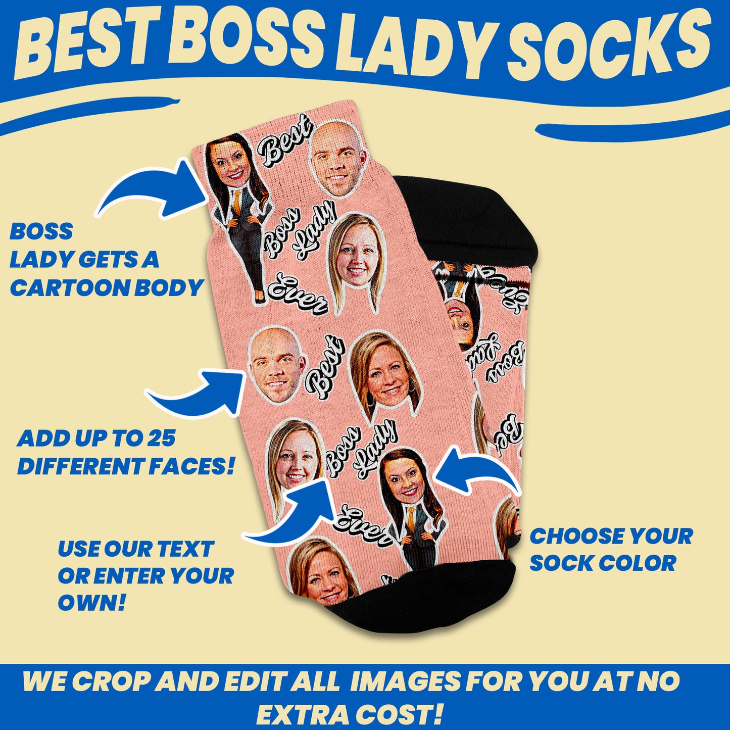 woman boss day gift personalized socks with faces customization options such as multiple faces, boss lady with cartoon body, text and sock color