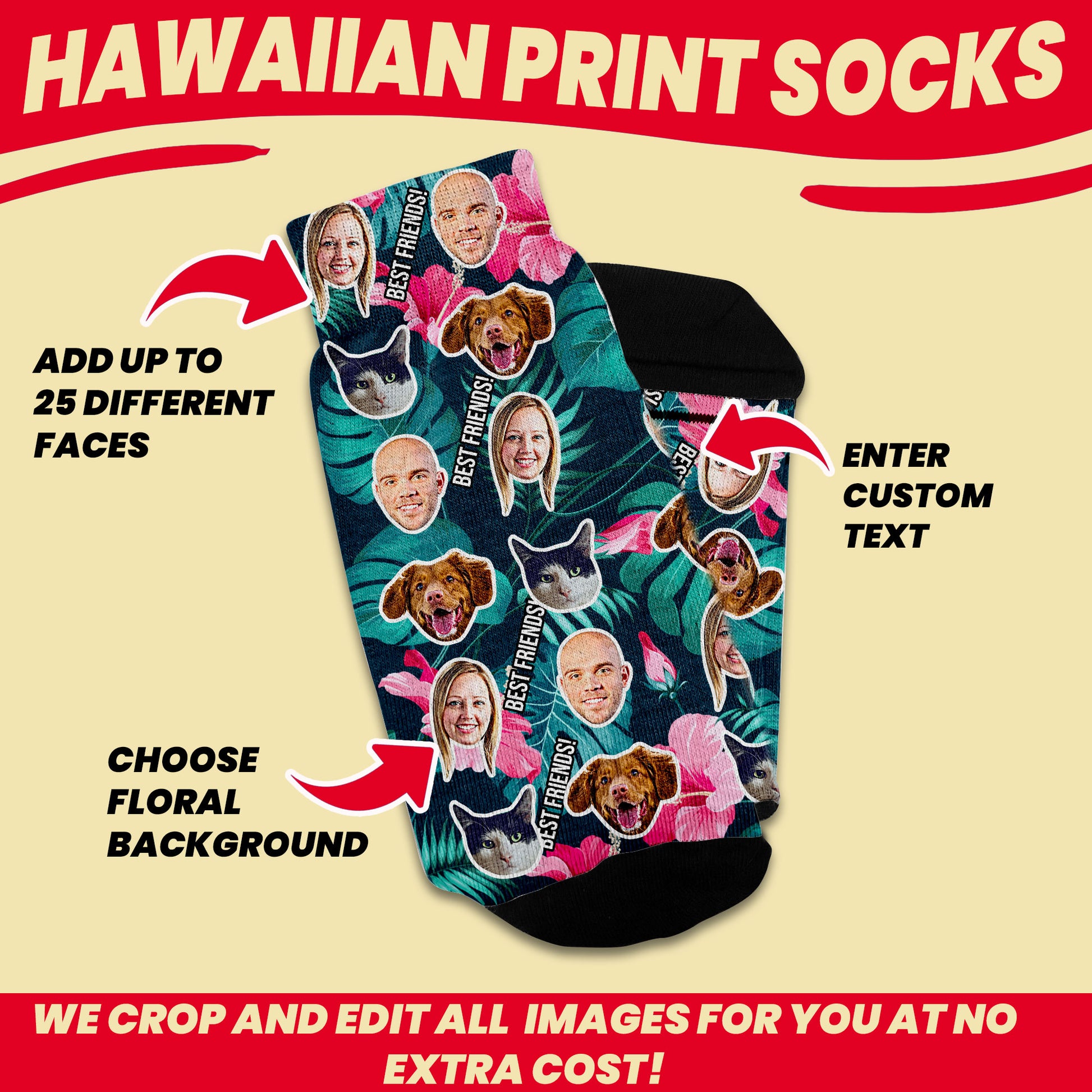 personalized hawaiian shirt style socks with your design. Add 25 faces, add text and choose your own hawaiian background