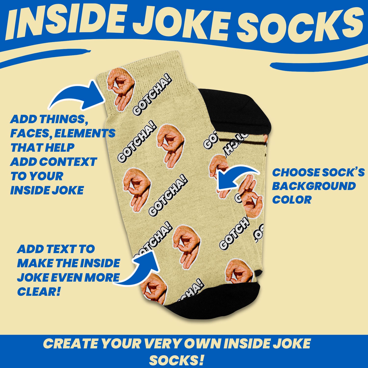 inside joke gift socks personalized with objects and text customization features such as amount of inside joke objects to add, text customization and sock color