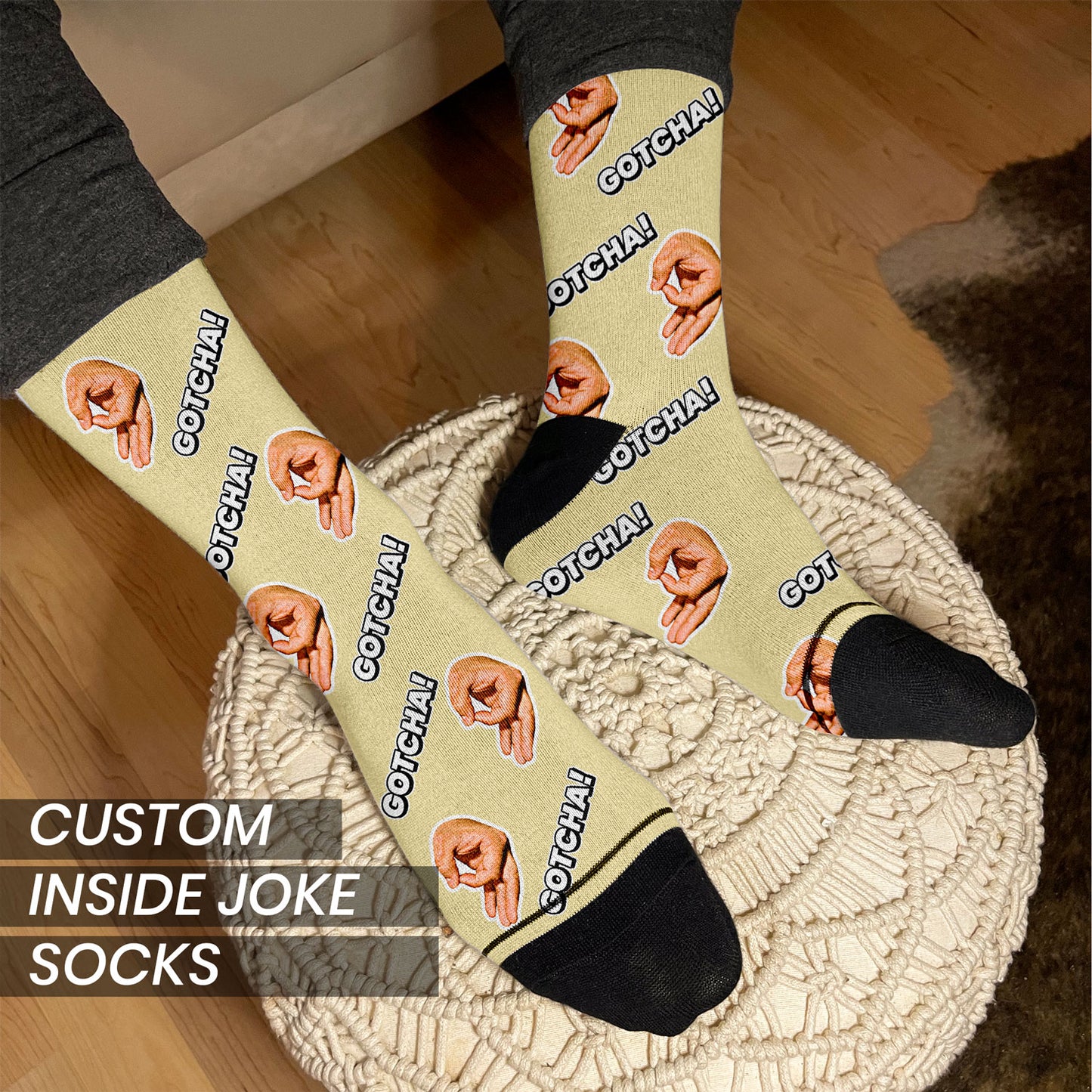 inside joke gift socks personalized with objects and text on man's feet