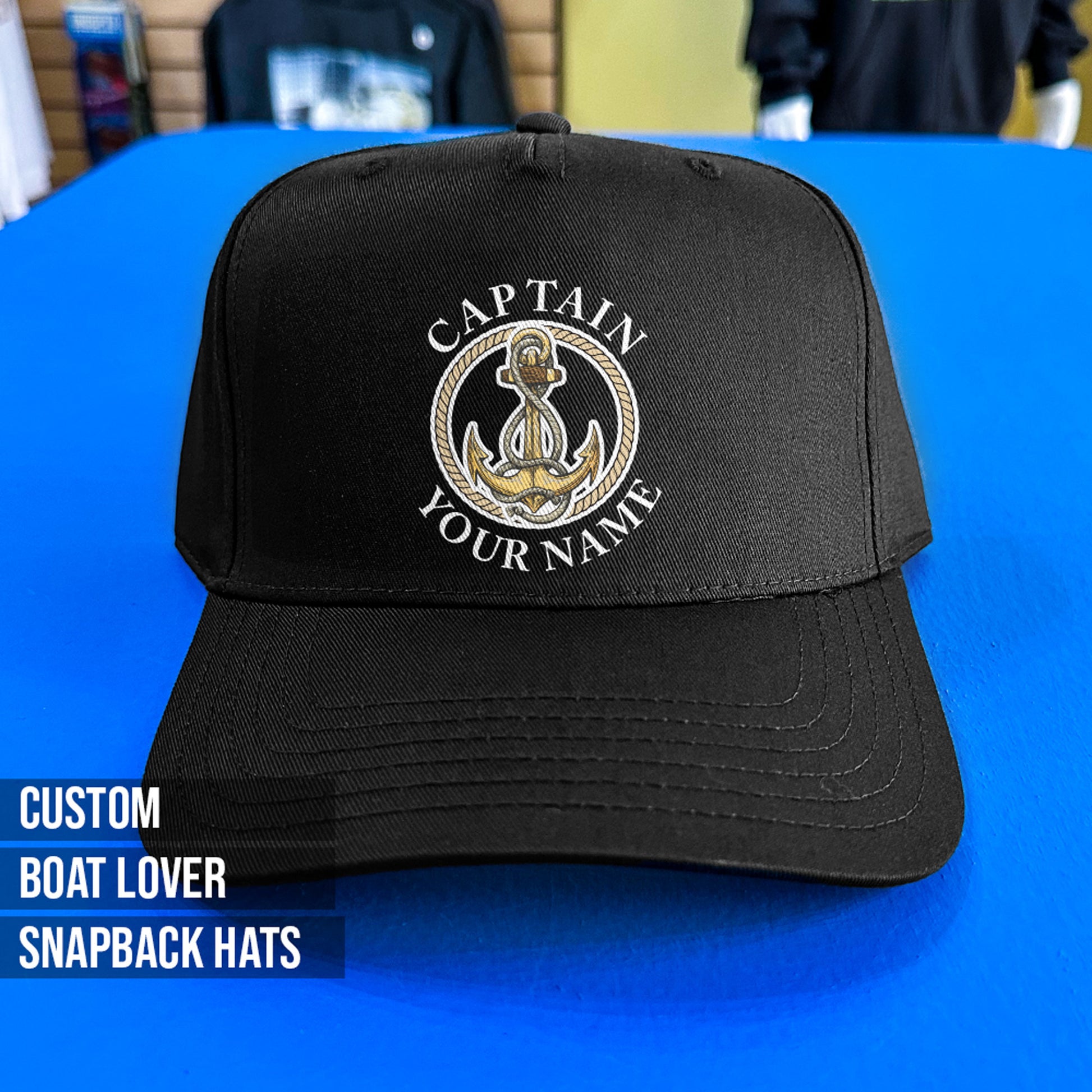 gift for boater hat custom your text personalization on top and bottom of an anchor logo