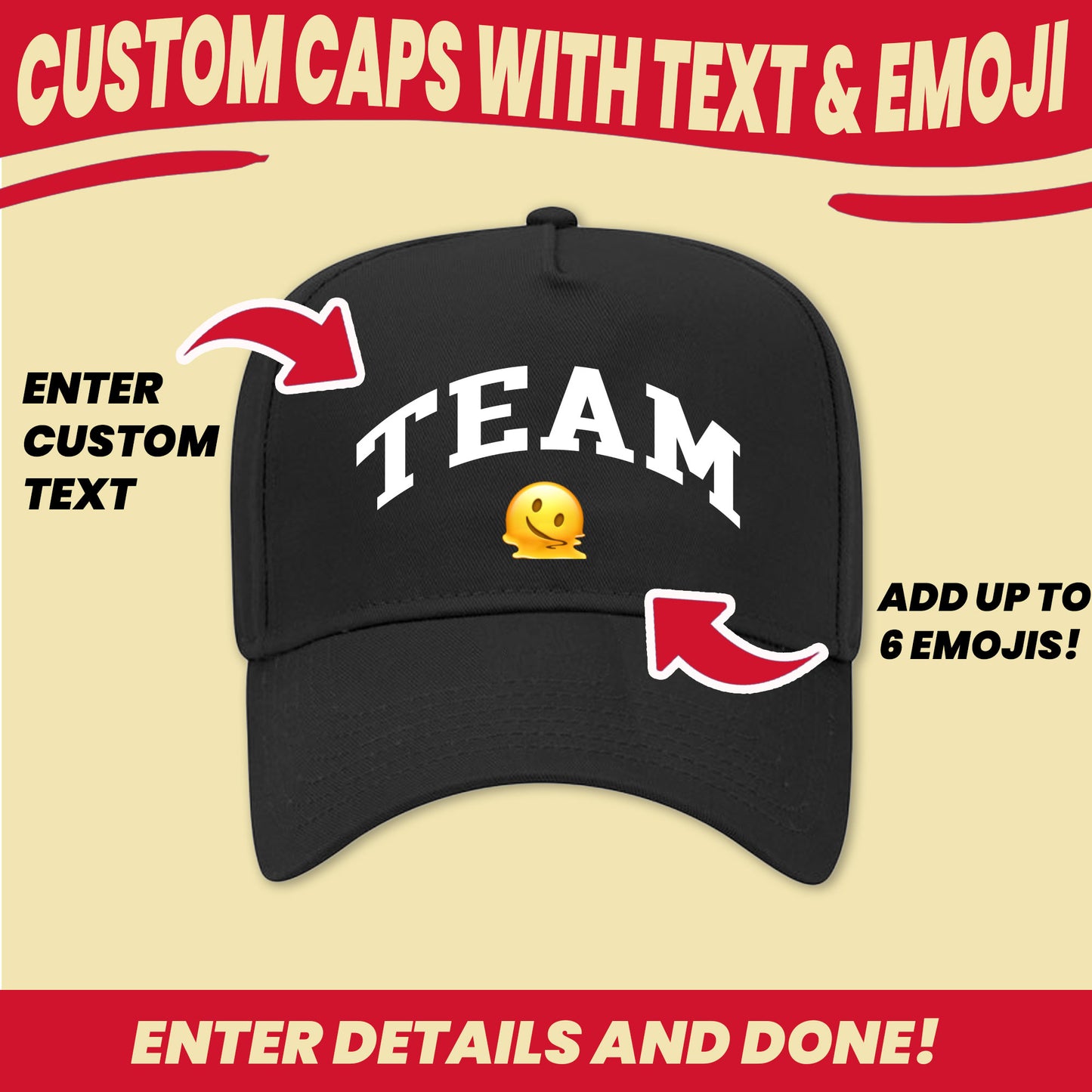 custom cap with emoji and text no minimum, ships next day